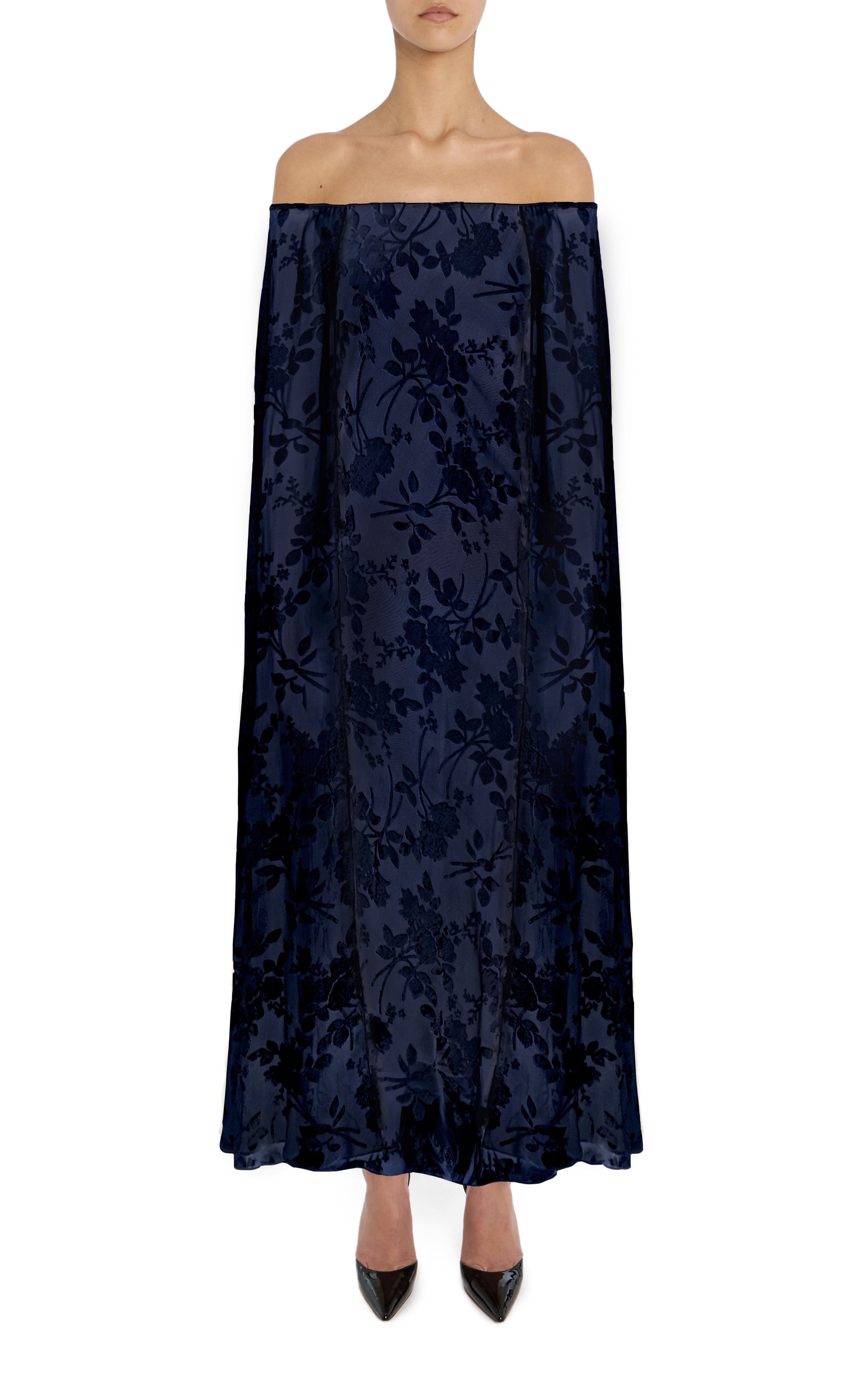 Navy Floral Velvet Devoré Off the Shoulder Cape Dress – Rodarte