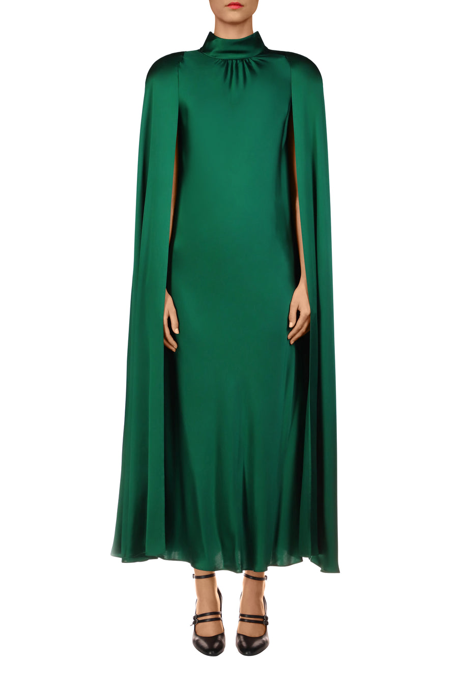 Green Silk Satin Cape Dress
