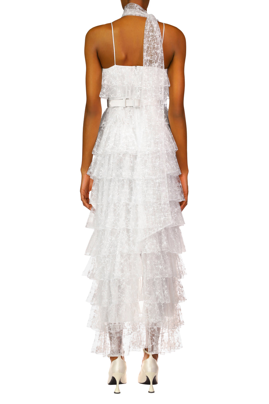 Off White Floral Tulle Tiered Ruffle Dress
