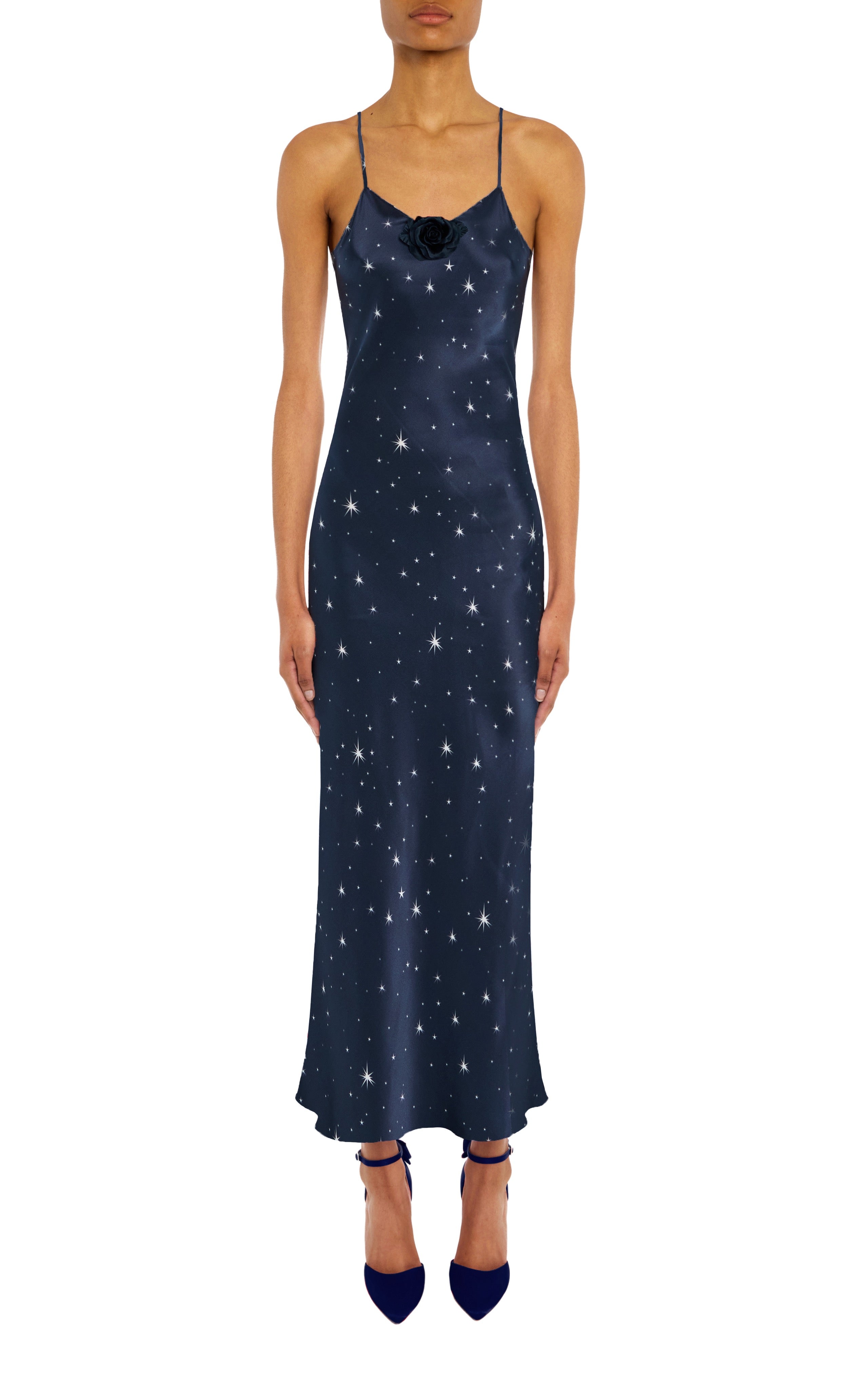 Navy Star Print Bias Silk Slip With Silk Rosette – Rodarte Navy Star Print Bias Silk Slip With Silk Rosette – Rodarte