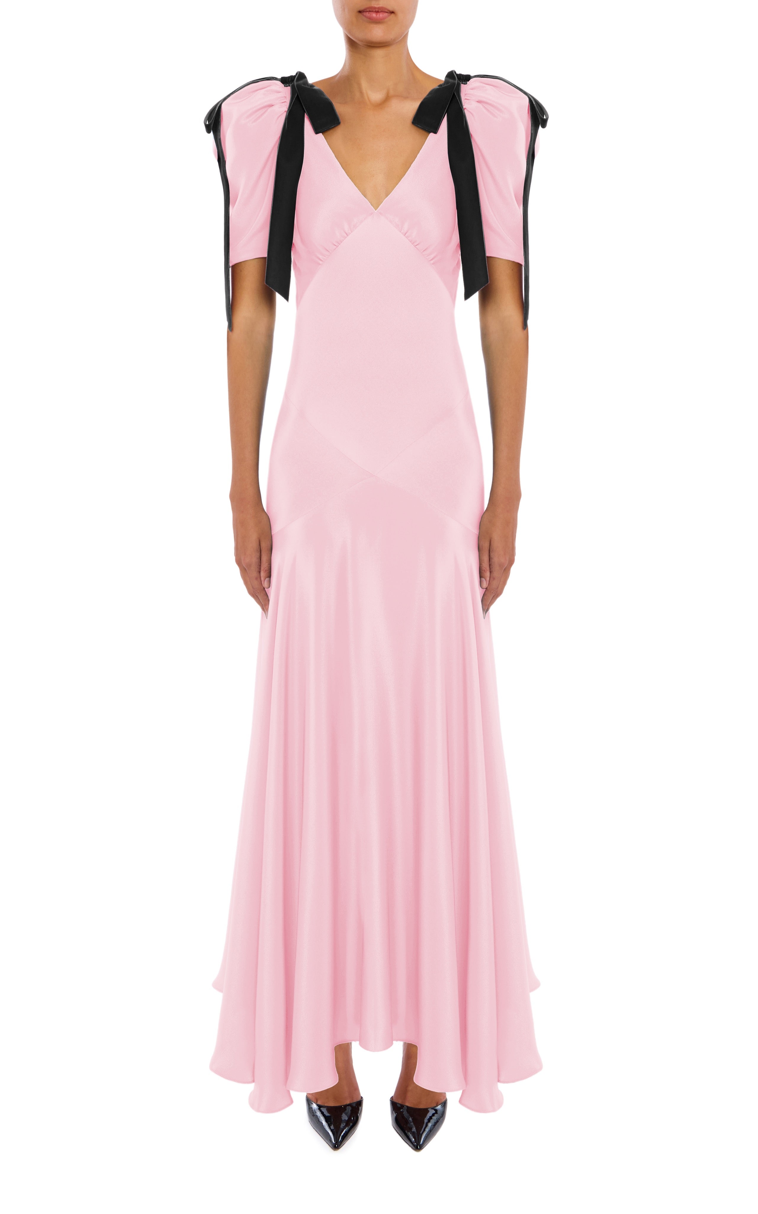 pink dress with black bow Pink Silk Crepe Bias Dress With Black Velvet Bow Detail – Rodarte