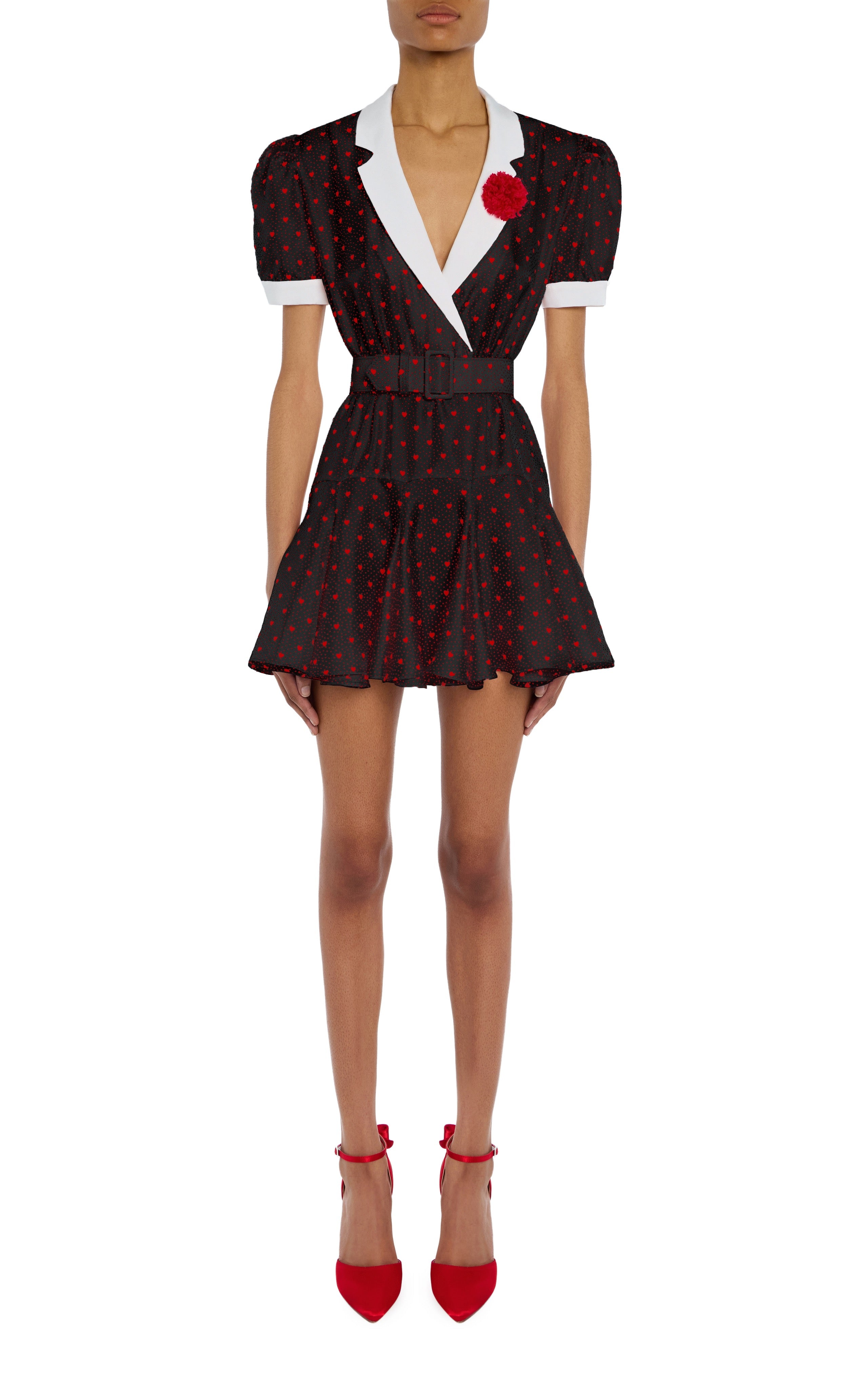 Black And Red Heart Print Silk Twill Collared Mini Dress With Belt and Rodarte Black And Red Heart Print Silk Twill Collared Mini Dress With Belt and Rodarte