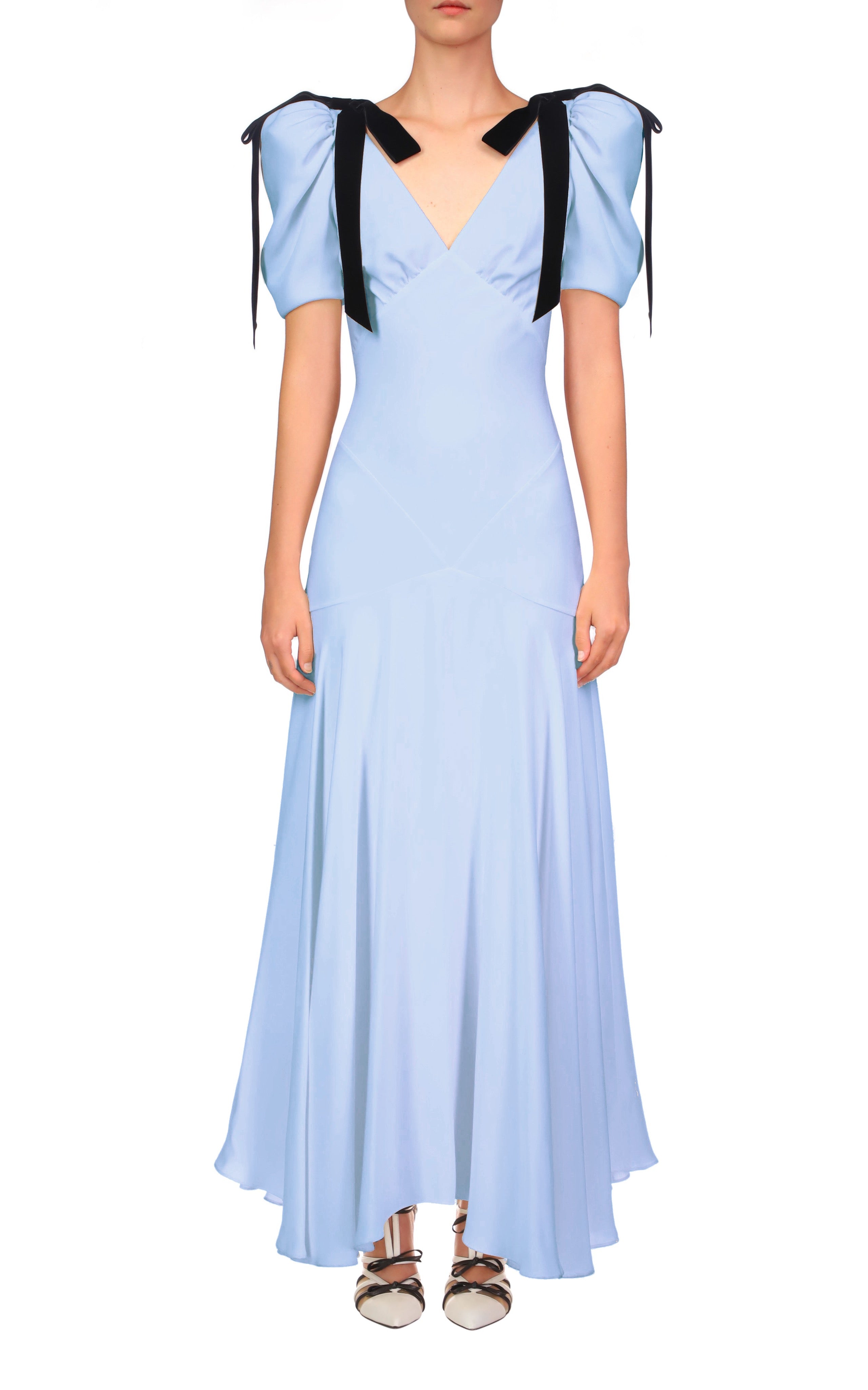 Blue Silk Crepe Bias Dress With Black Velvet Bow Detail – Rodarte