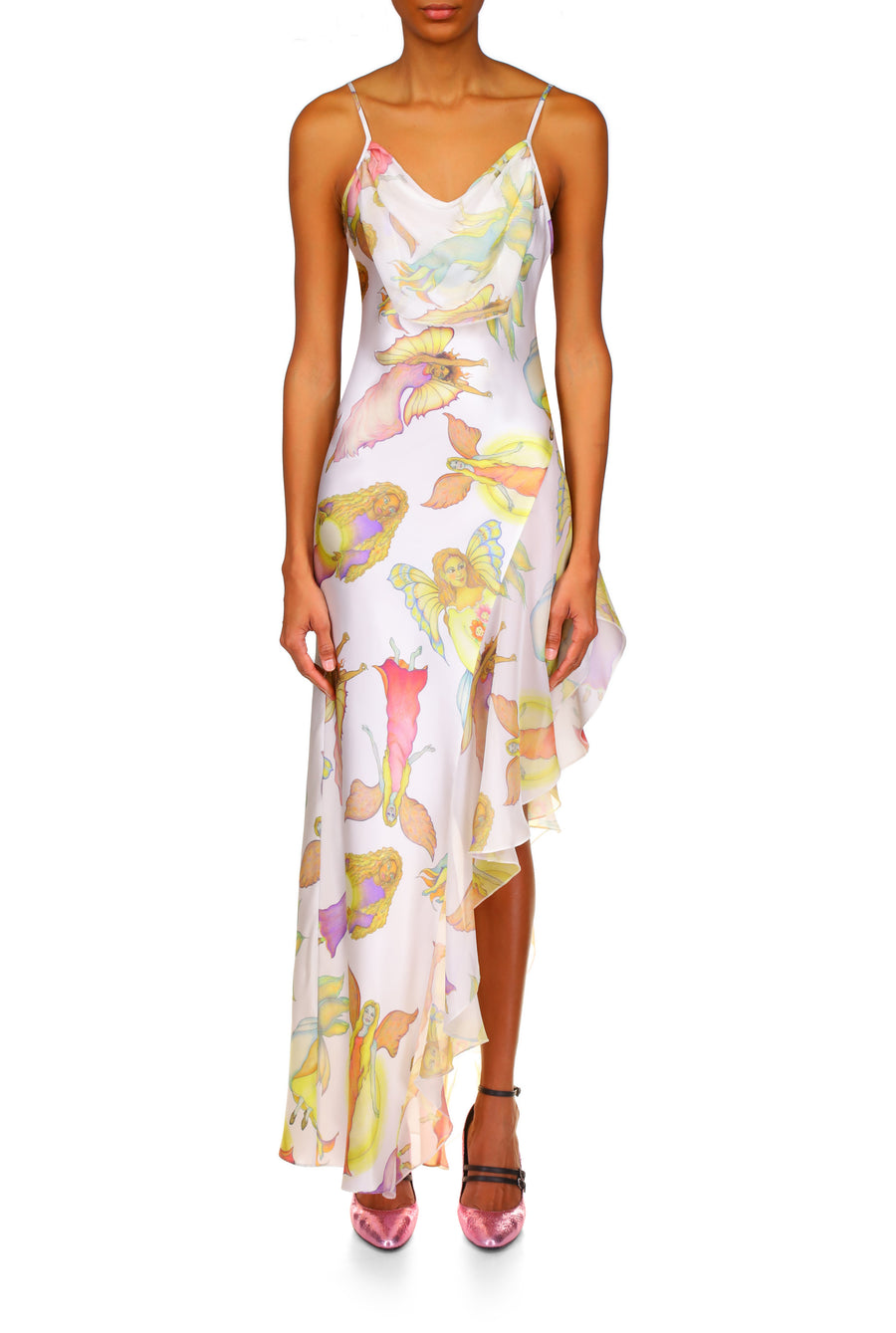 Off White Fairy Printed Silk Chiffon And Satin Asymetrical Cowl Neck Gown