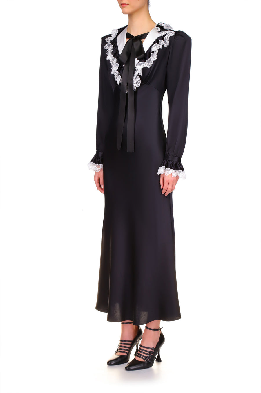Black Silk Long Sleeve Dress With Off White Collar And Lace Trim