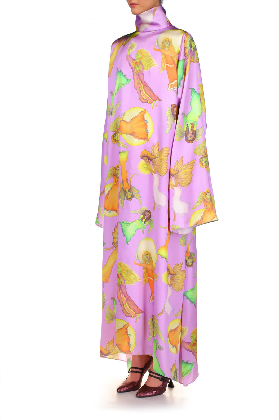 Lavender Fairy Printed Silk Satin Tunic Dress