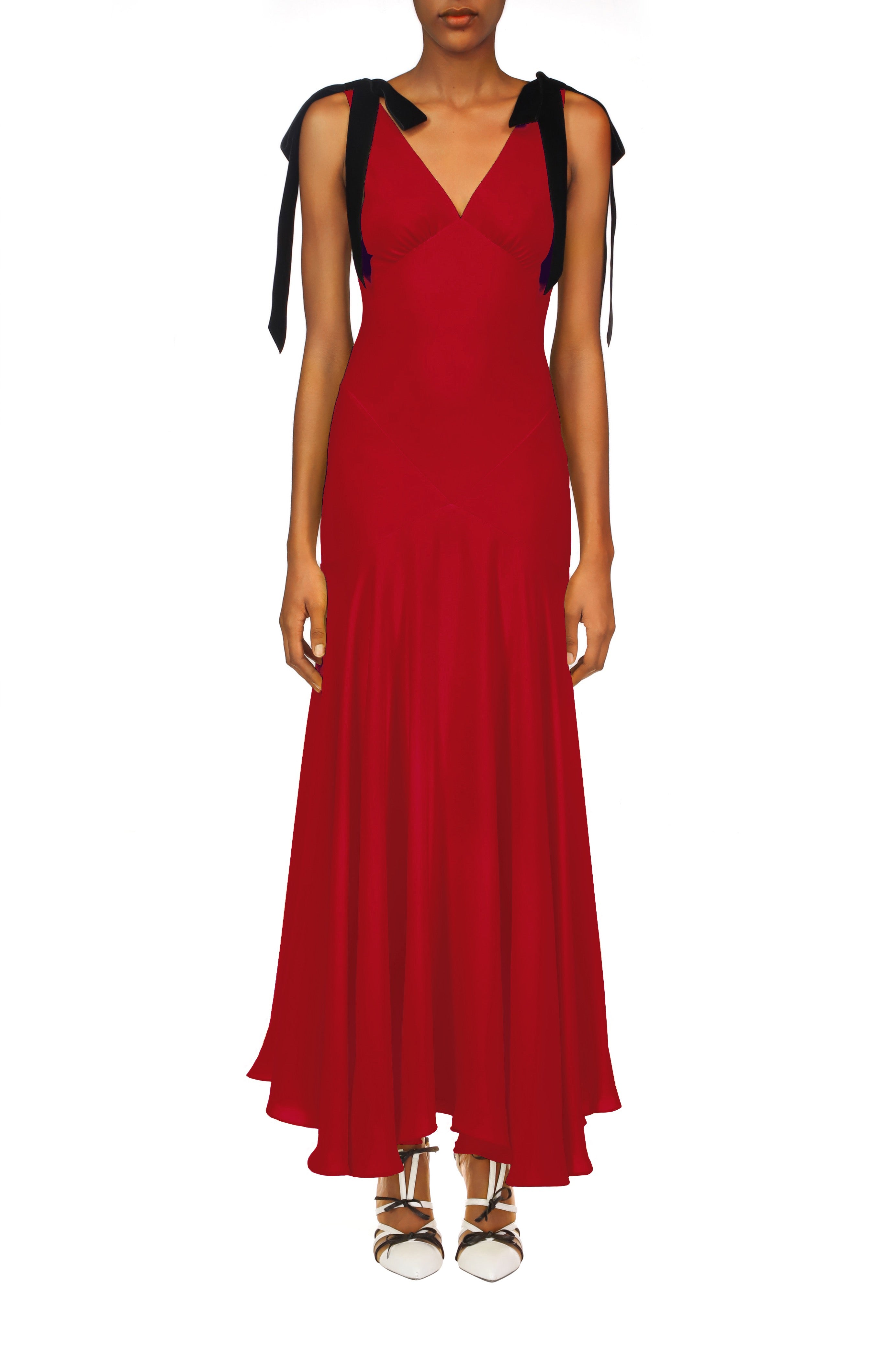 Crimson Silk Crepe Bias Dress With Black Velvet Ribbon Bow Detail