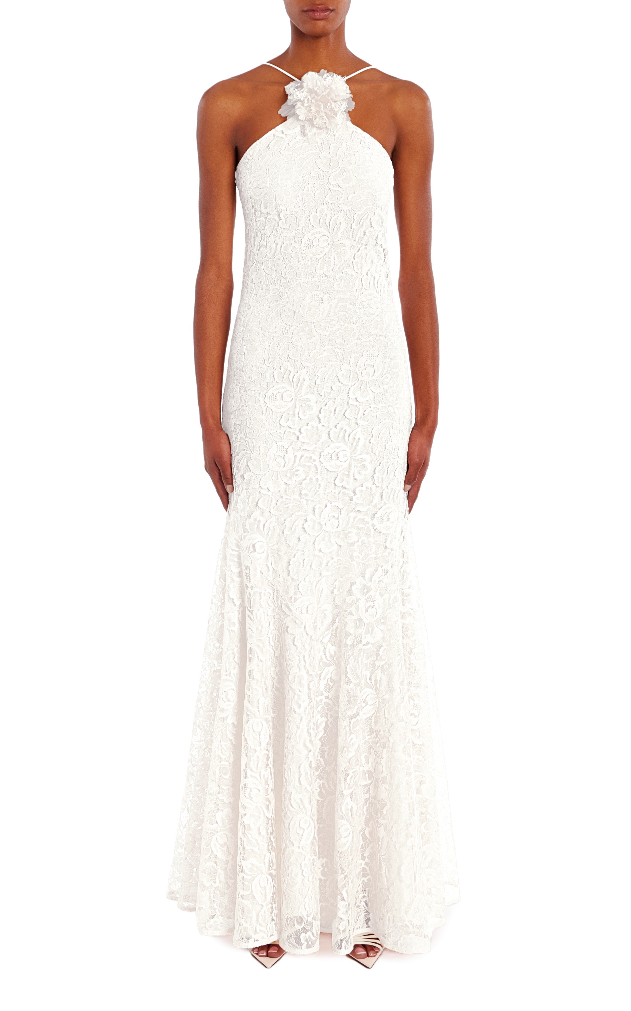 knee length dresses for ladies White French Levers Lace Halter Gown with Flower – Rodarte