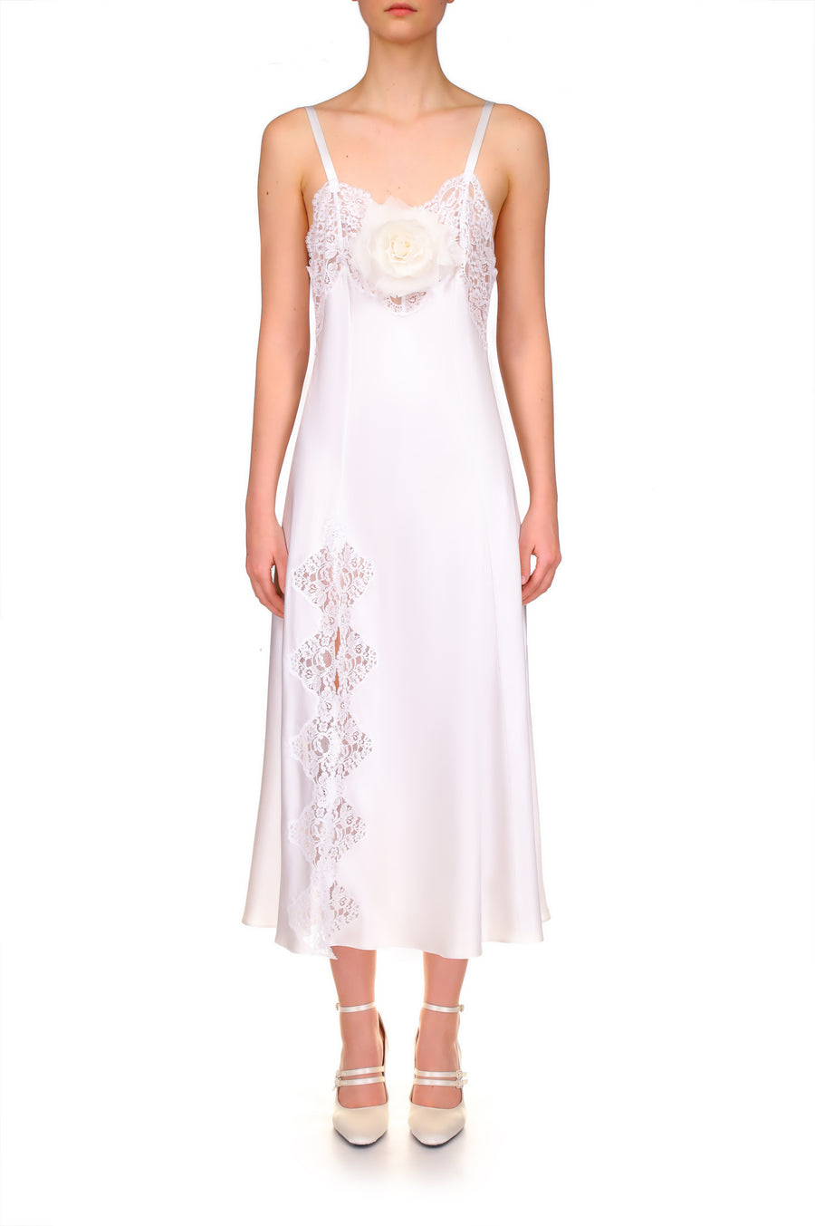 White Silk Satin And Lace Bias Slip Dress With Slit and Rose