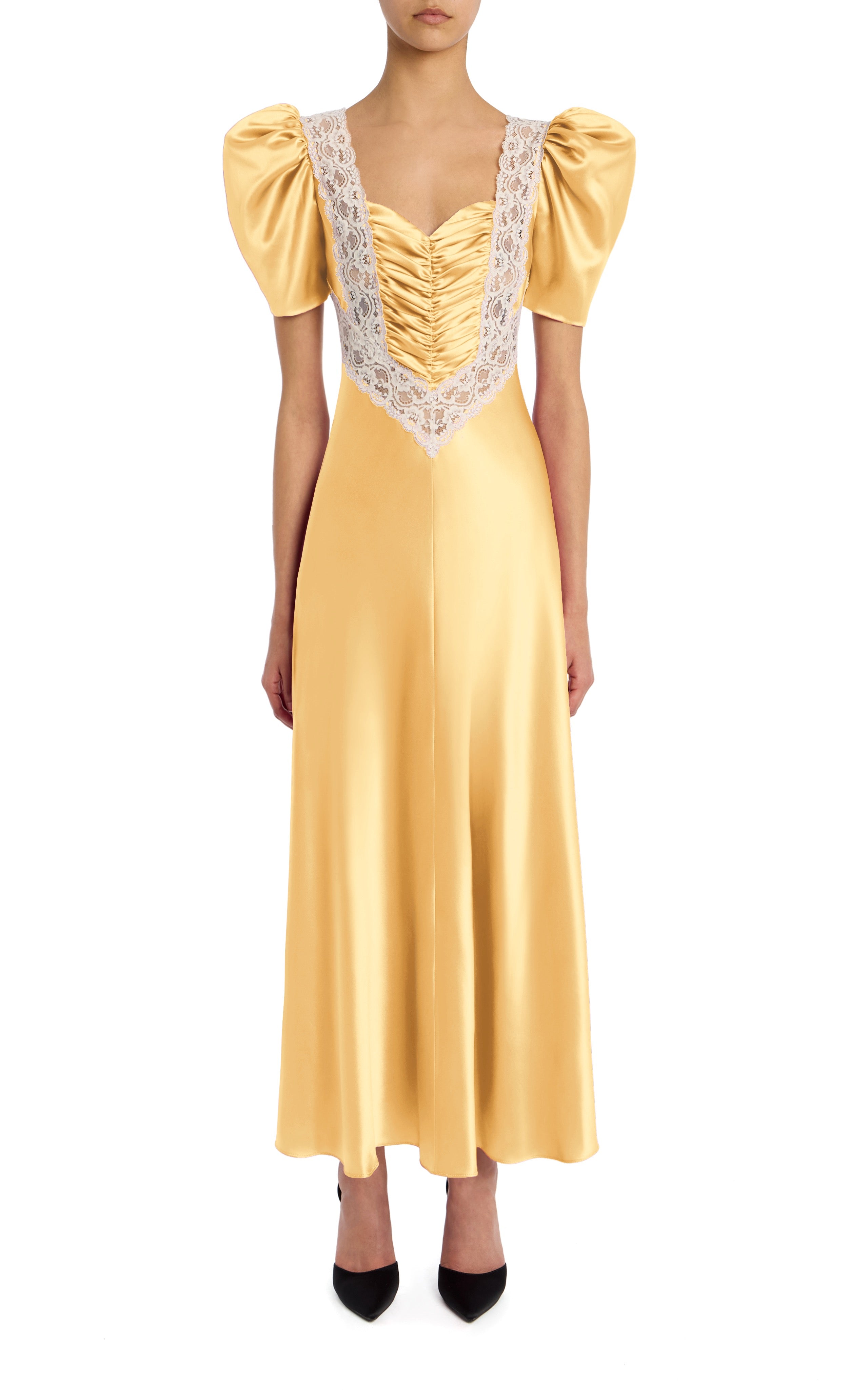 Yellow Silk Satin Bias Dress With Off White Lace Bodice Detail – Rodarte