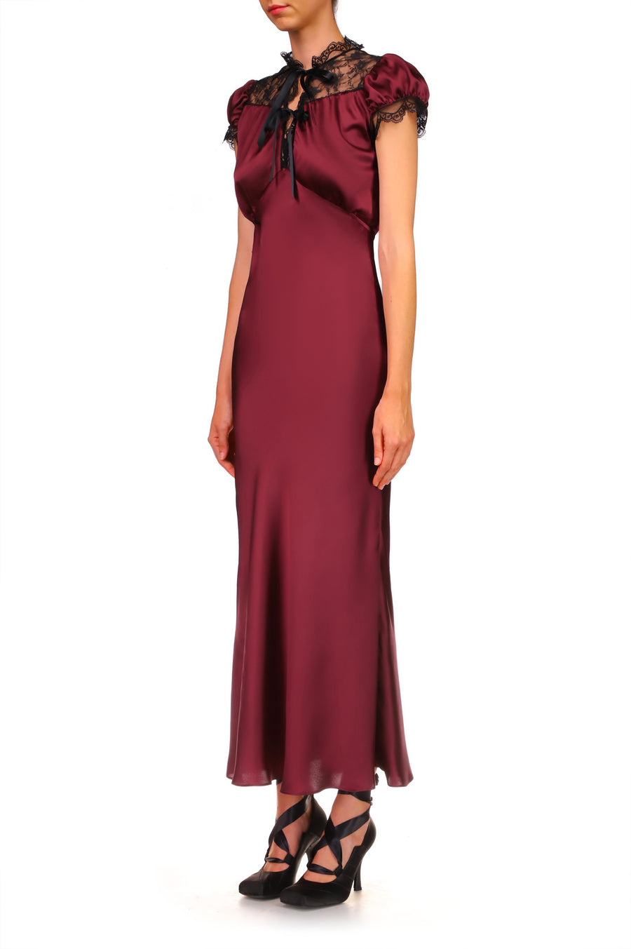 Burgundy Silk Satin Bias Dress With Lace And Ruffle Details