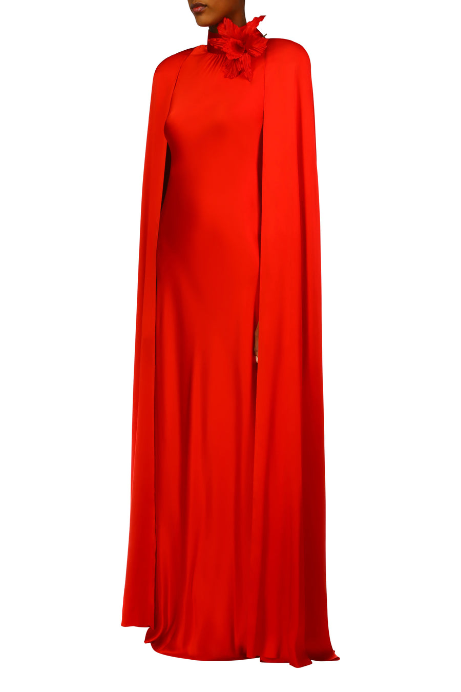 Red Silk Satin Cape Gown with Flower Pin