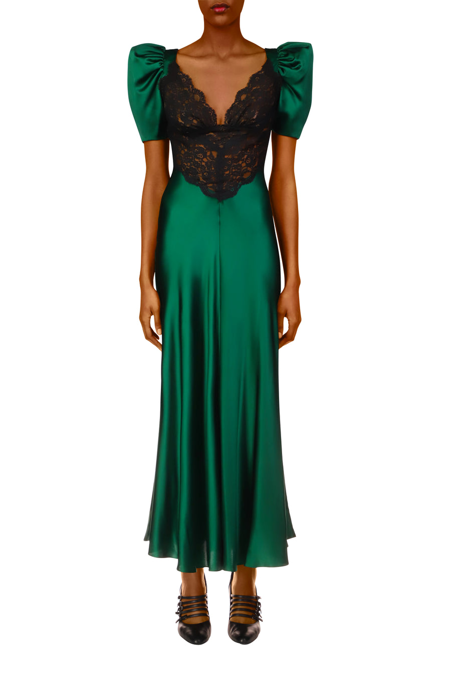 Green Silk Short Sleeve Dress With Black Lace Details