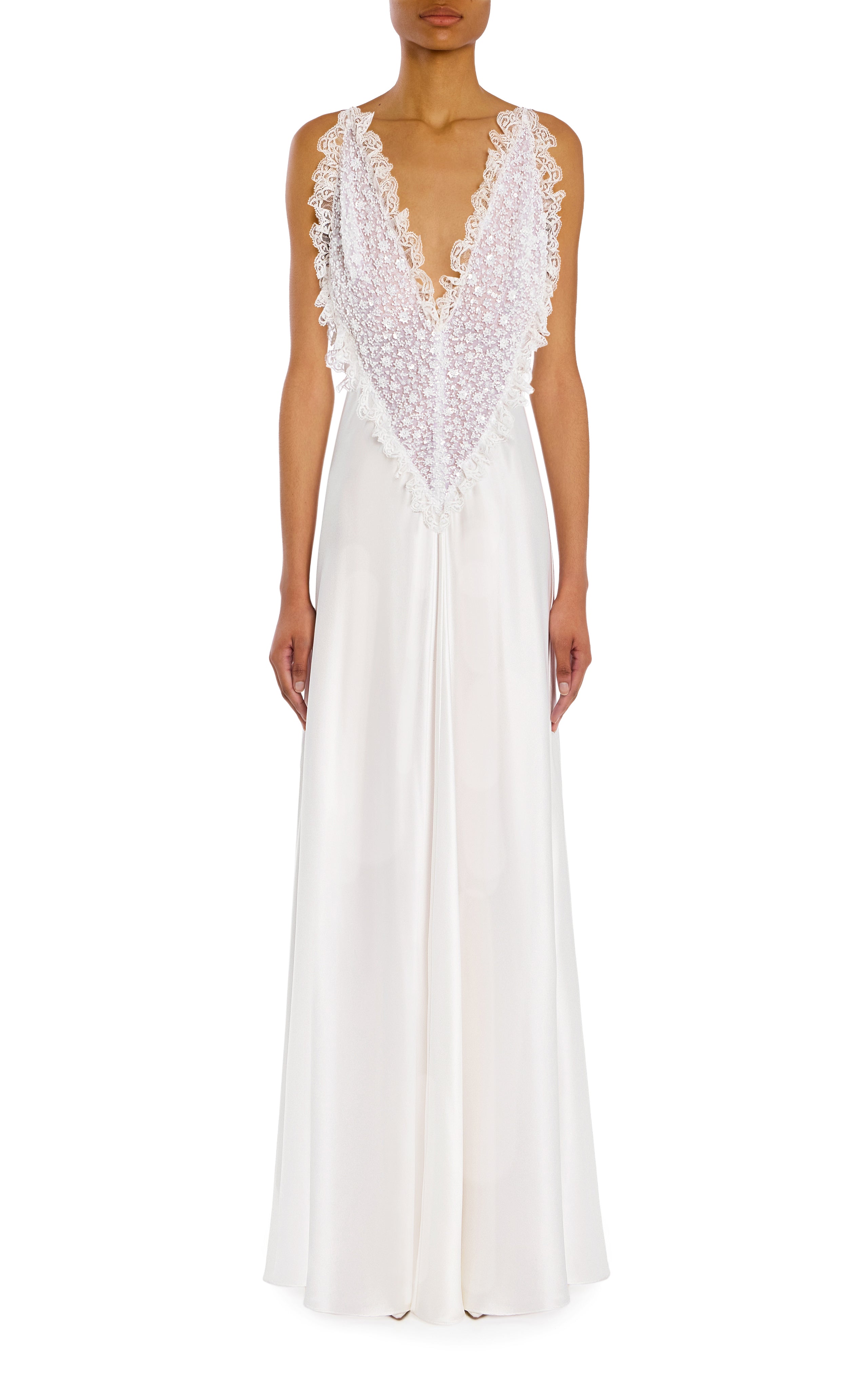 White Silk Satin Dress With Beaded Tulle And Lace Trim Detail – Rodarte