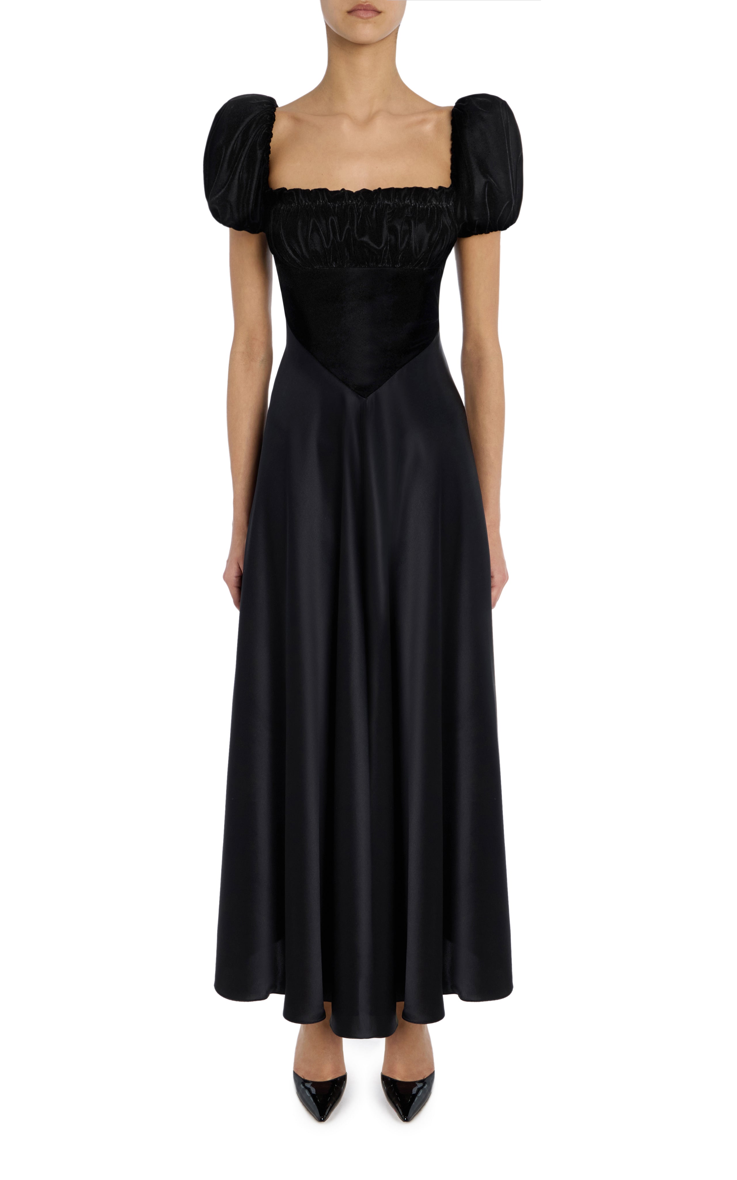 Black Velvet And Silk Satin Dress With Gathered Bust And Ribbon Detail – Rodarte