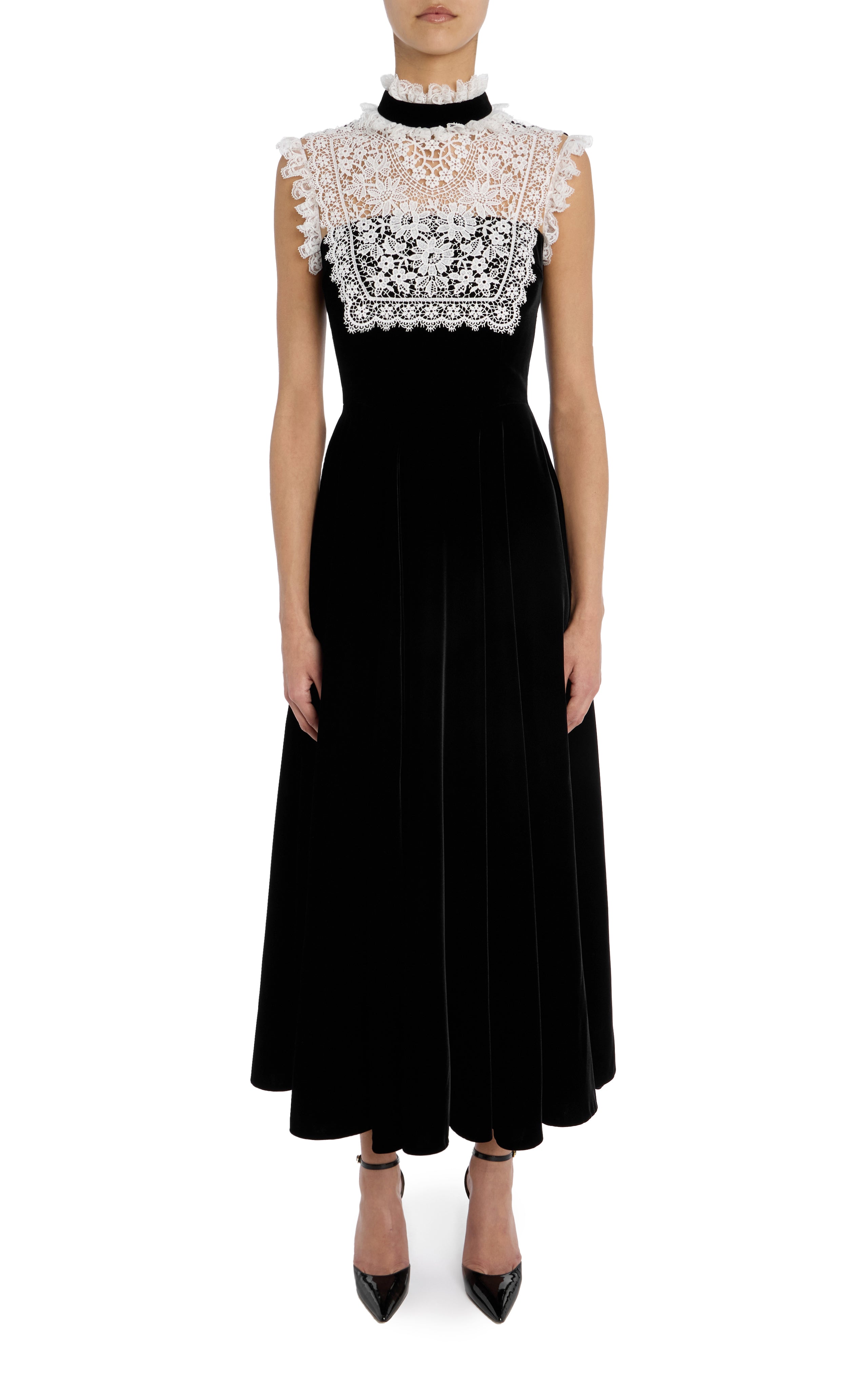 Black Sleeveless Velvet Dress with Lace Collar Detail – Rodarte