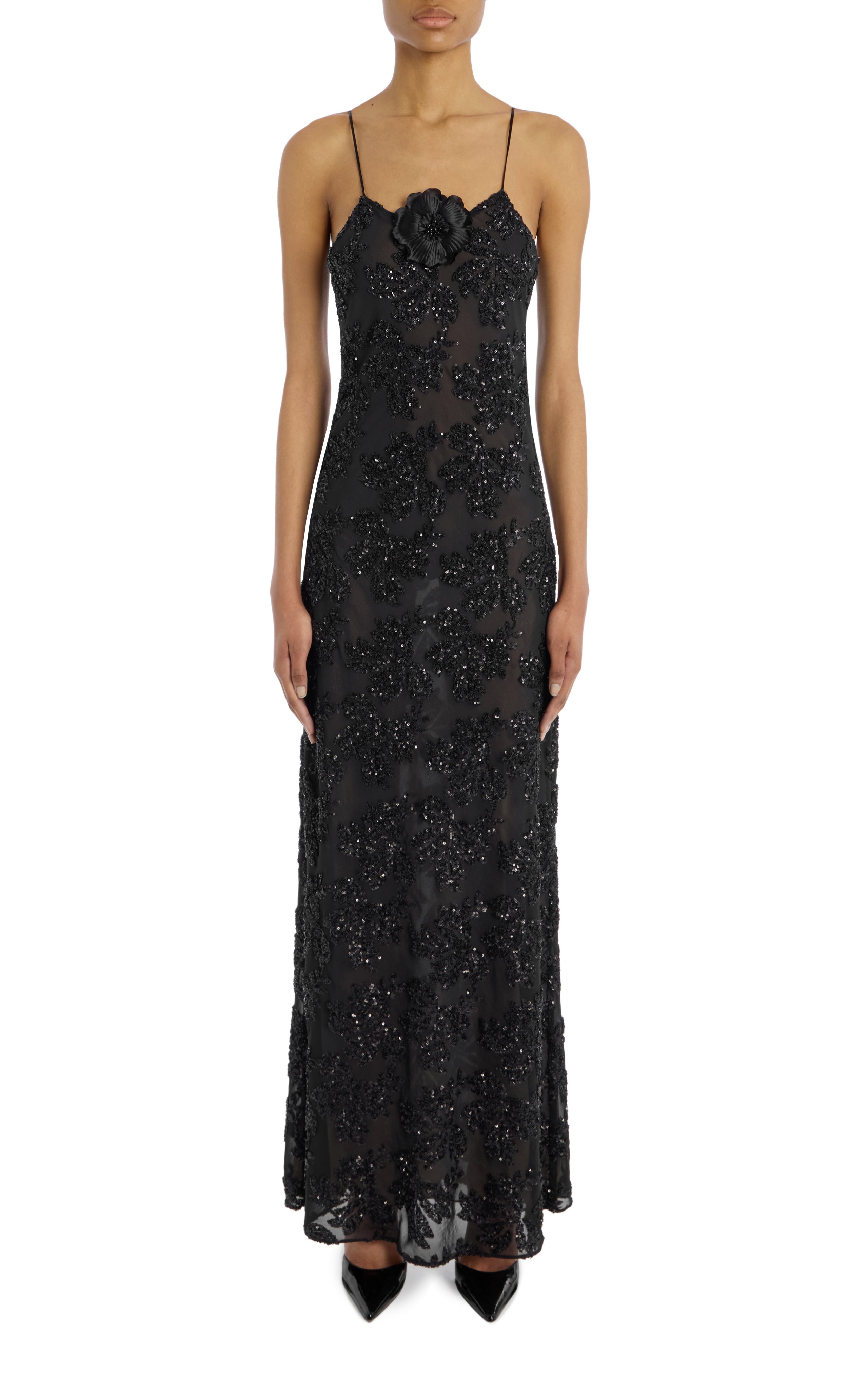 Black Embroidered Sequin Slip Gown With Silk Flower Pin – Rodarte