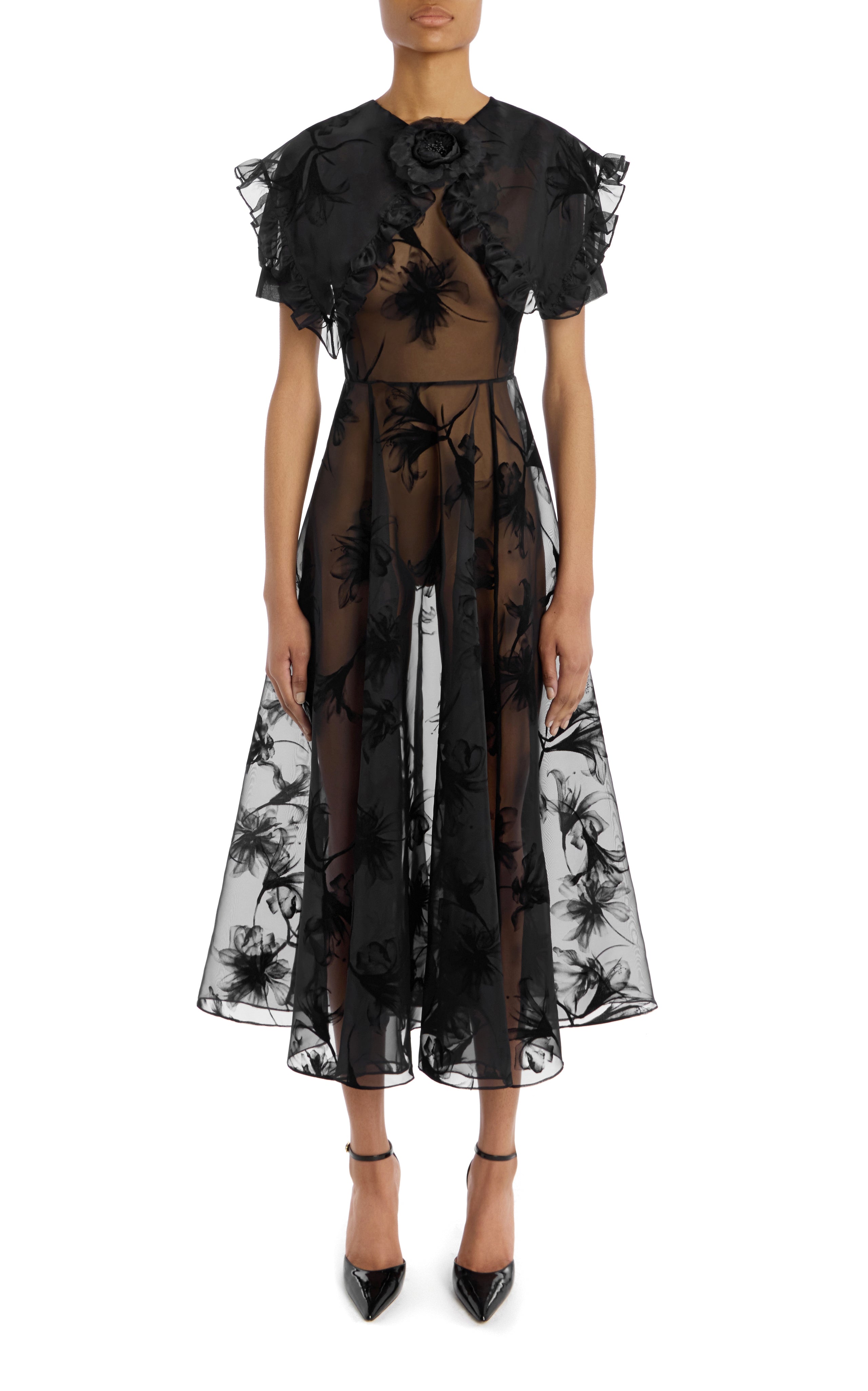 Ruffled Black Floral Motif Flocked Dress with Flower – Rodarte
