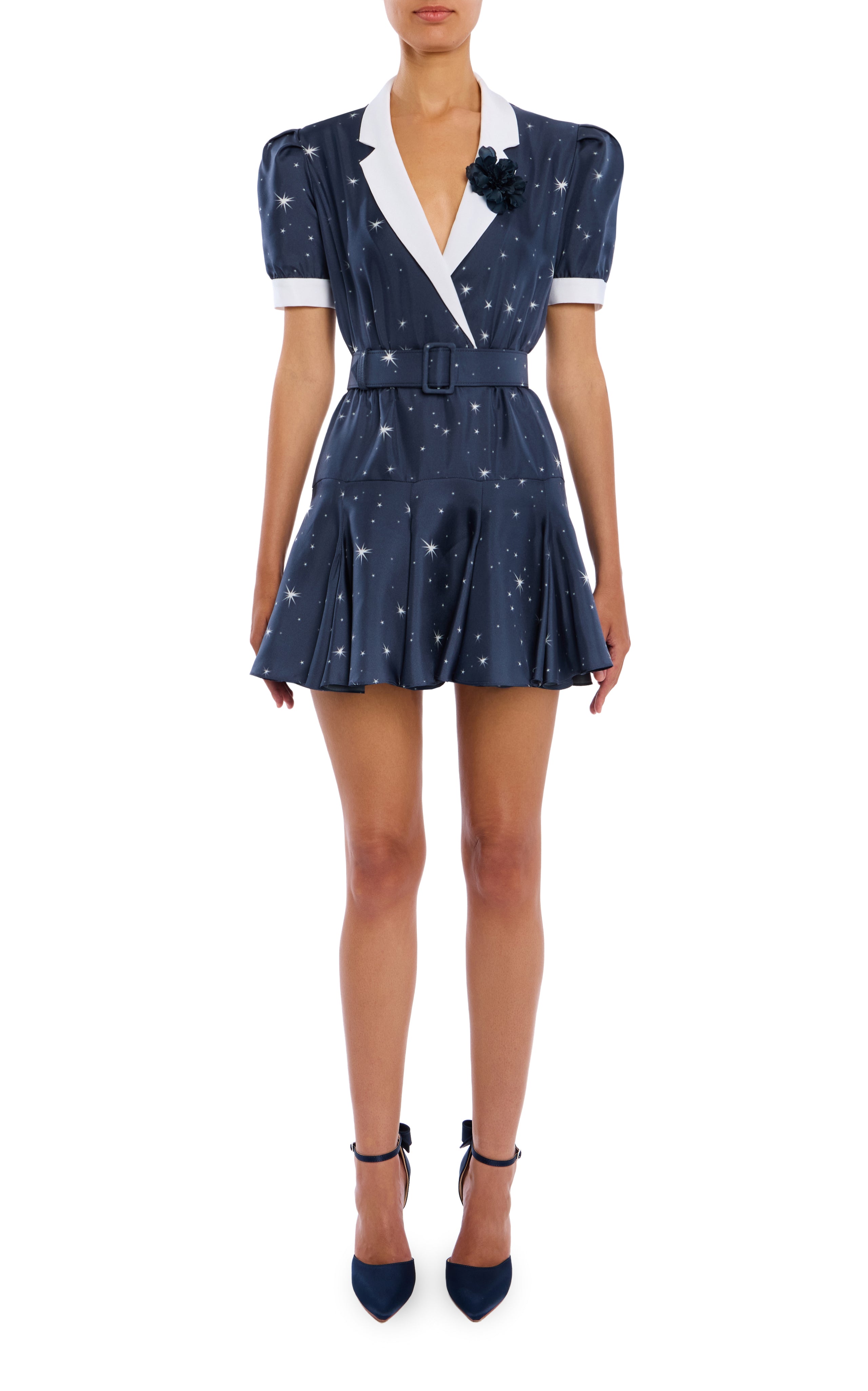 Navy Star Print Silk Twill Collared Mini Dress With Belt and Flower