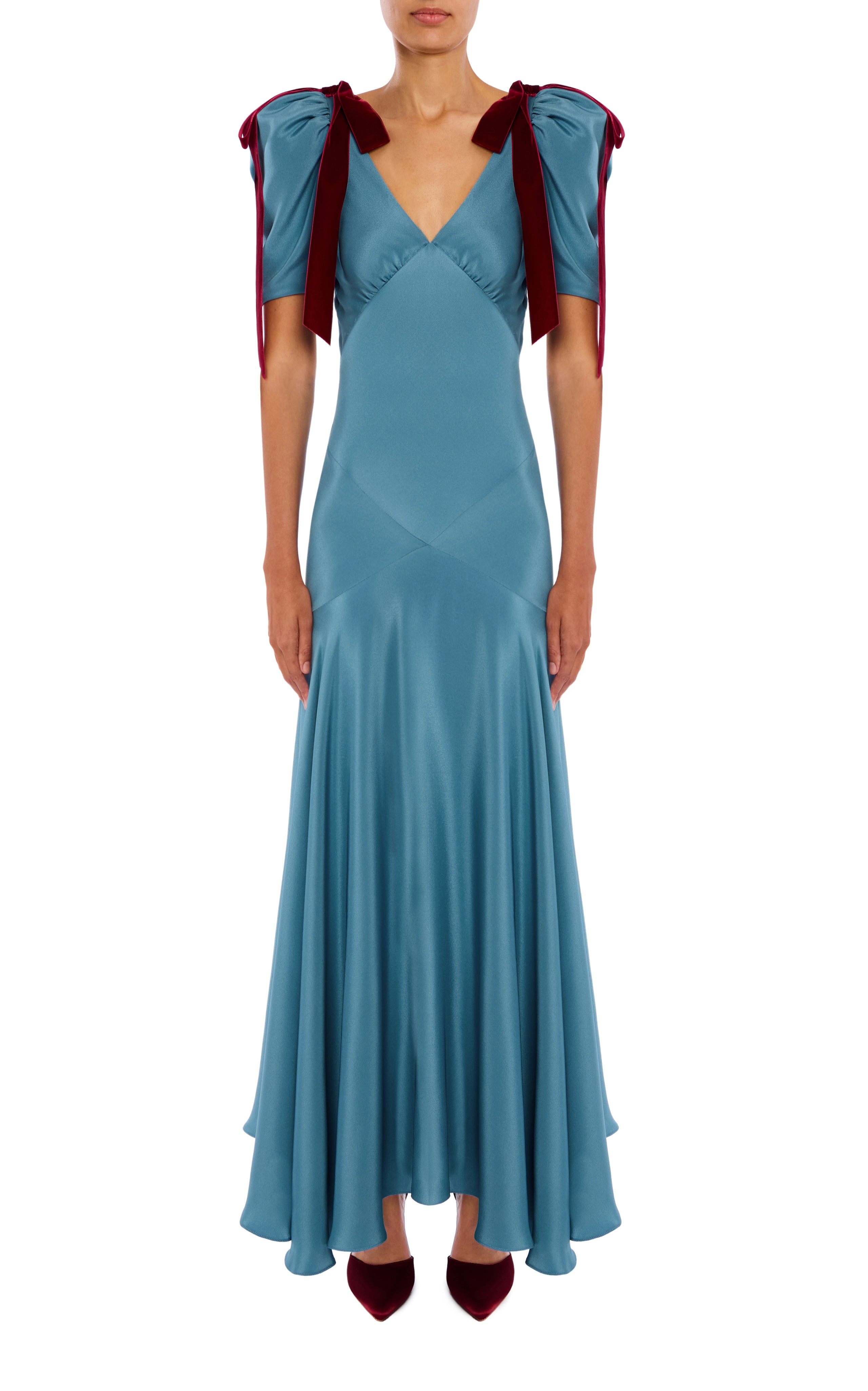 Blue Silk Crepe Bias Dress With Burgundy Velvet Bow Detail