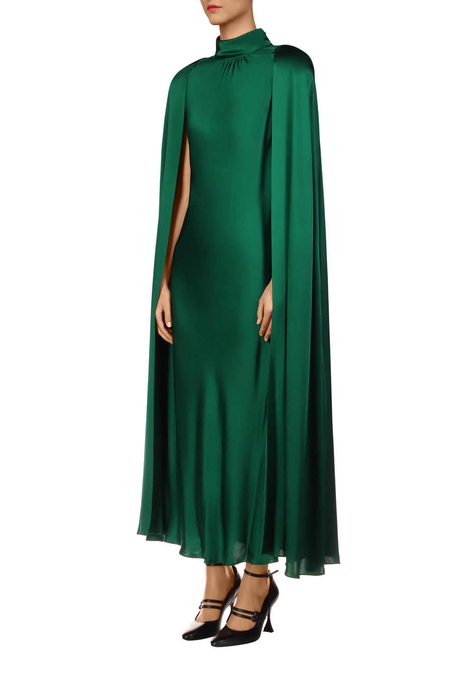 Green Silk Satin Cape Dress