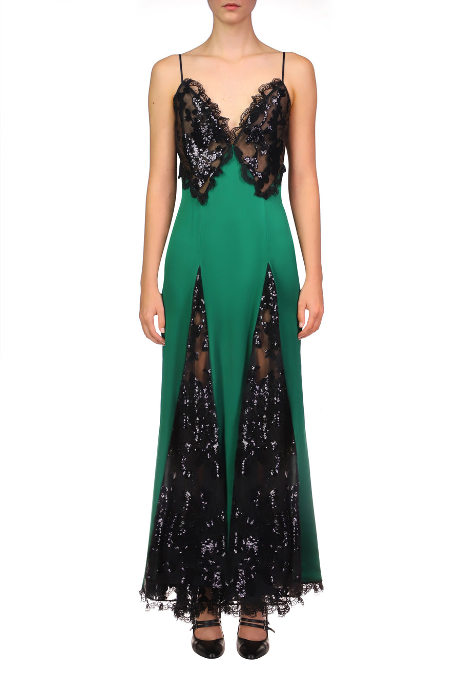 Green Silk Satin And Black Sequin Dress With Godet And Lace Ruffle