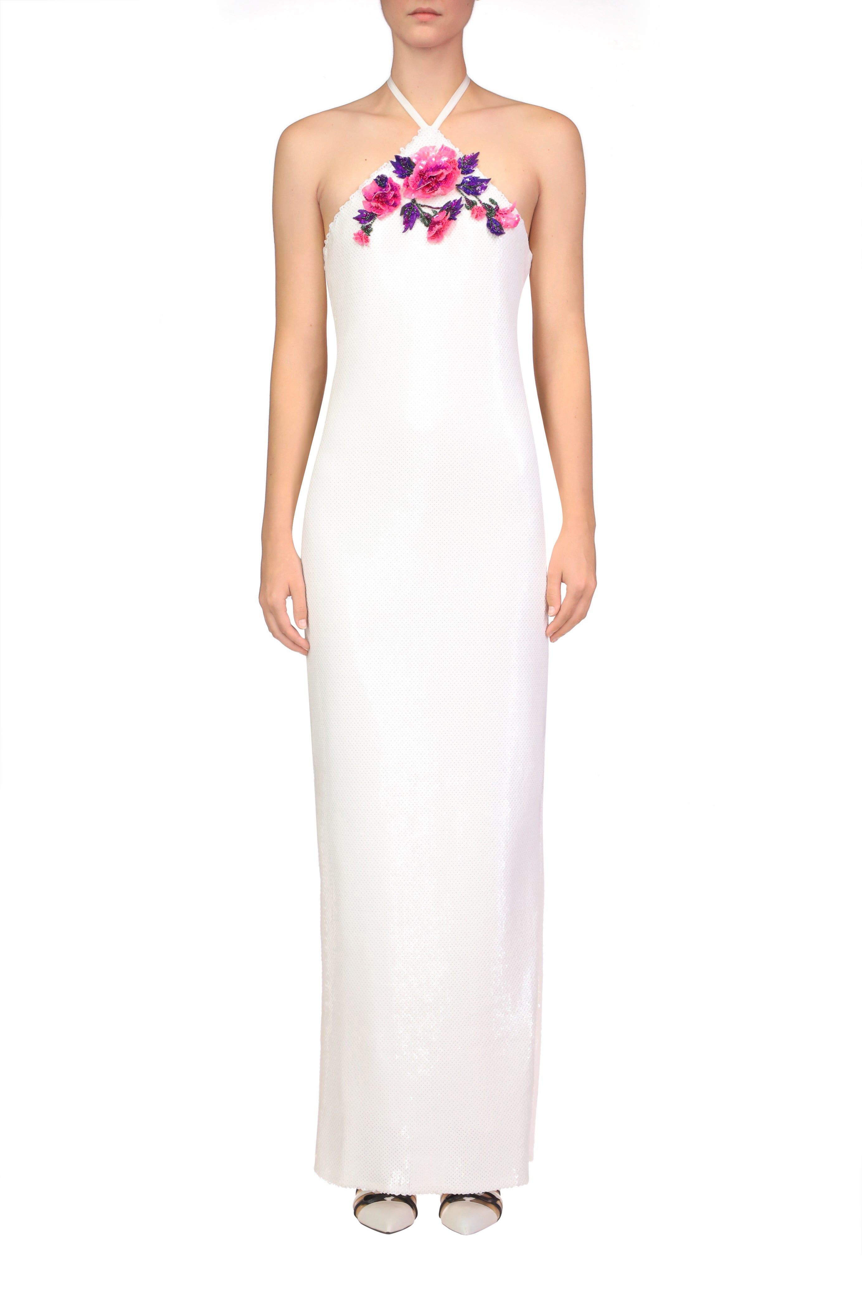 White Sequin Halter Gown With Hand Beaded Floral Detail – Rodarte
