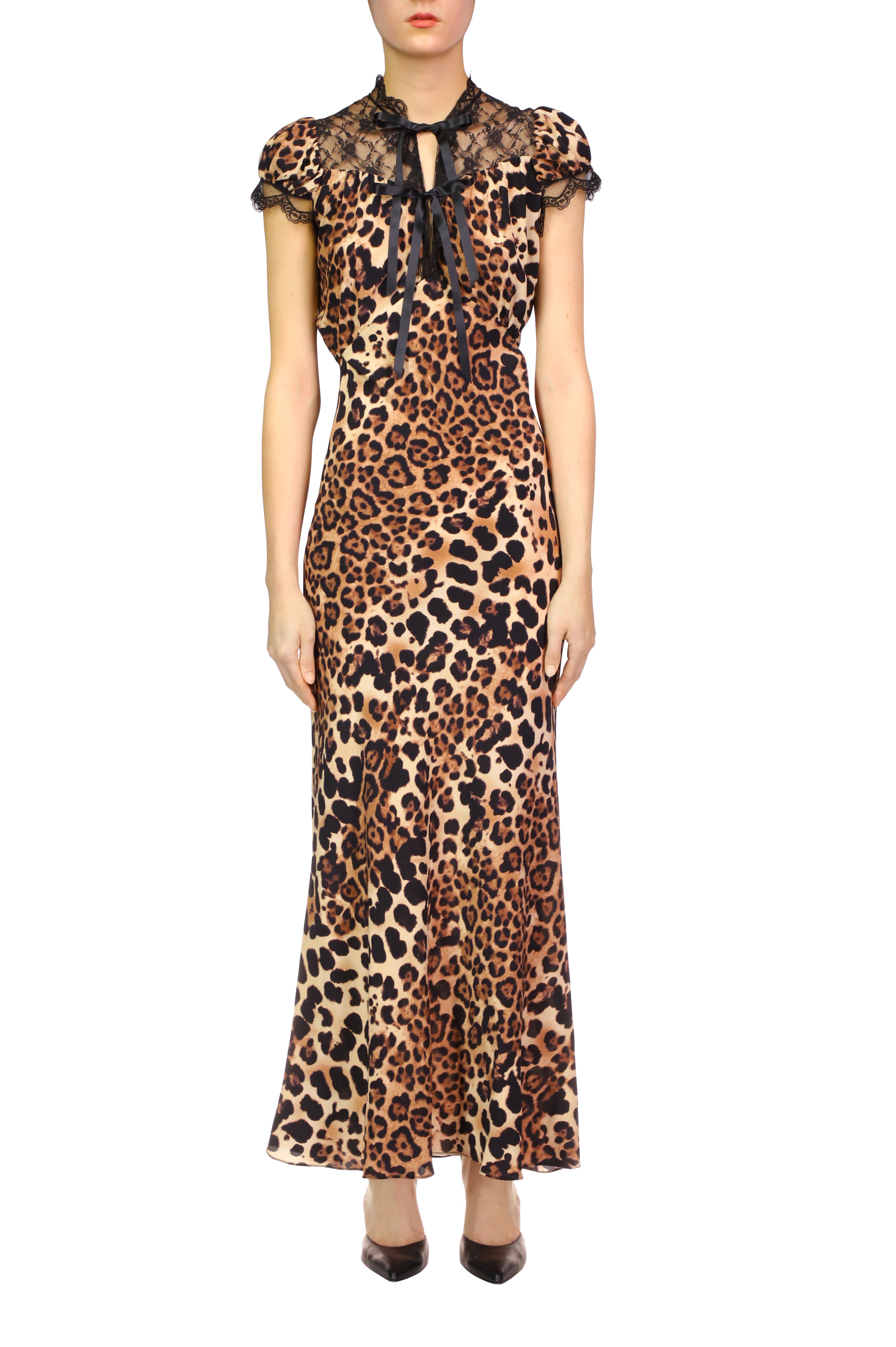 Leopard Printed Silk Crepe De Chine Bias Dress With Lace And Ruffle De Rodarte