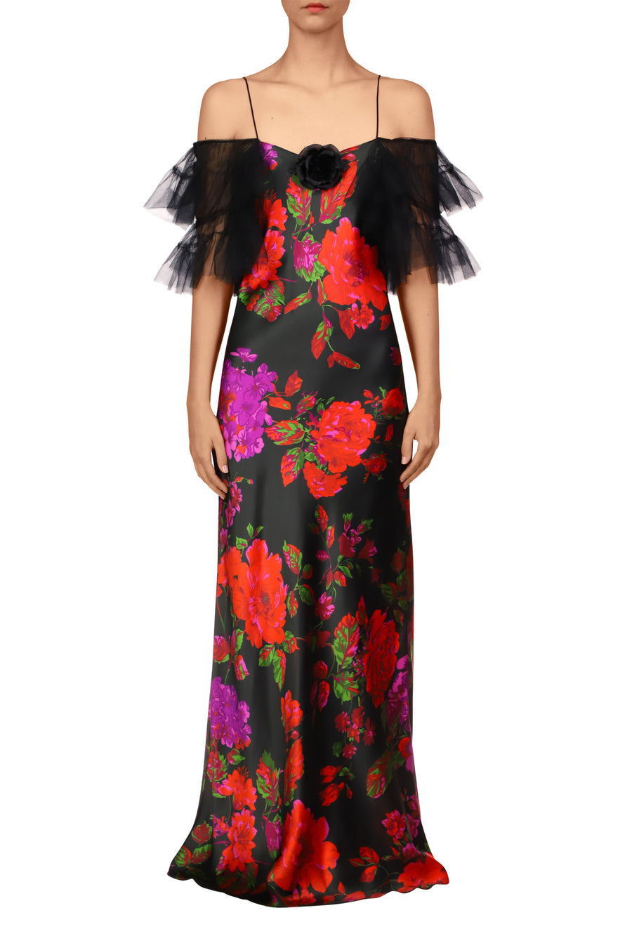 Floral Printed Silk Bias Slip Gown With Ruffle Sleeves And Silk Flower