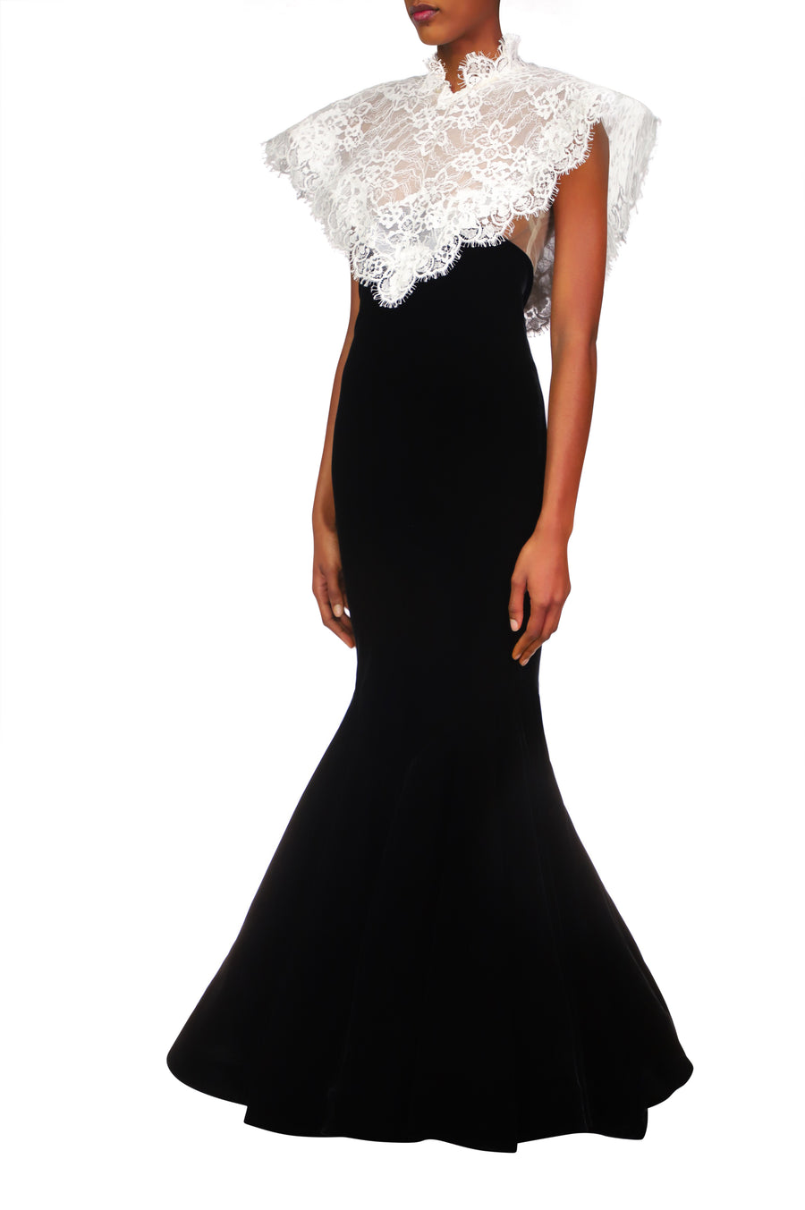 Black Velvet Gown With Off White Lace Collar