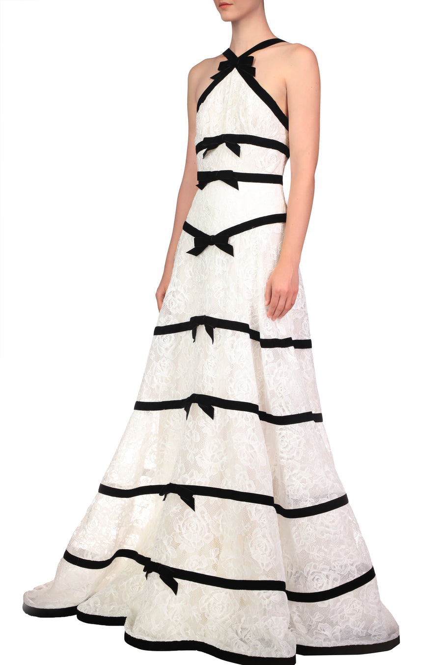 White Chorded Lace Halter Gown With Velvet Ribbon Detail