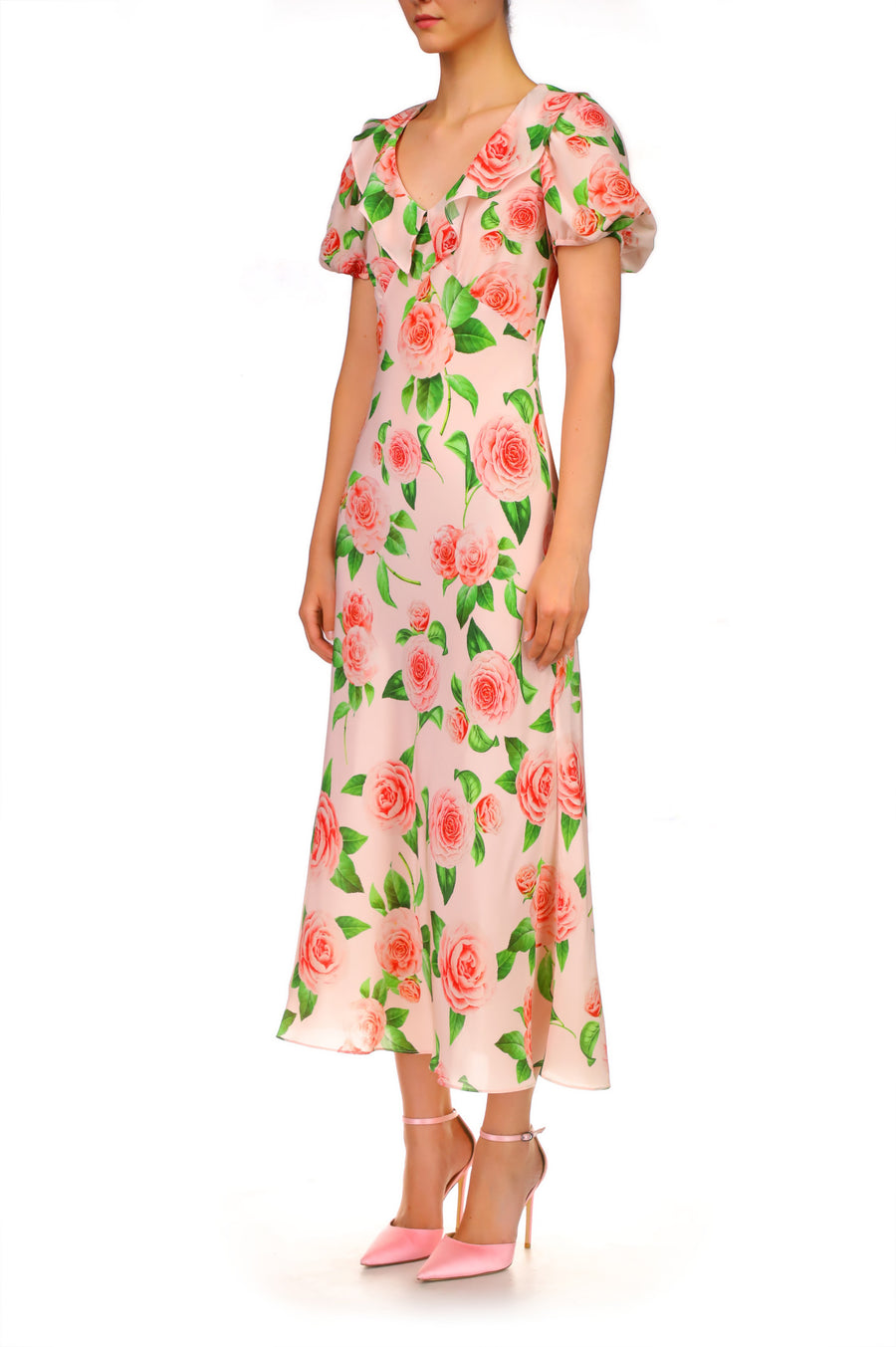 Camellia Printed Silk Bias Dress With Ruffle Details