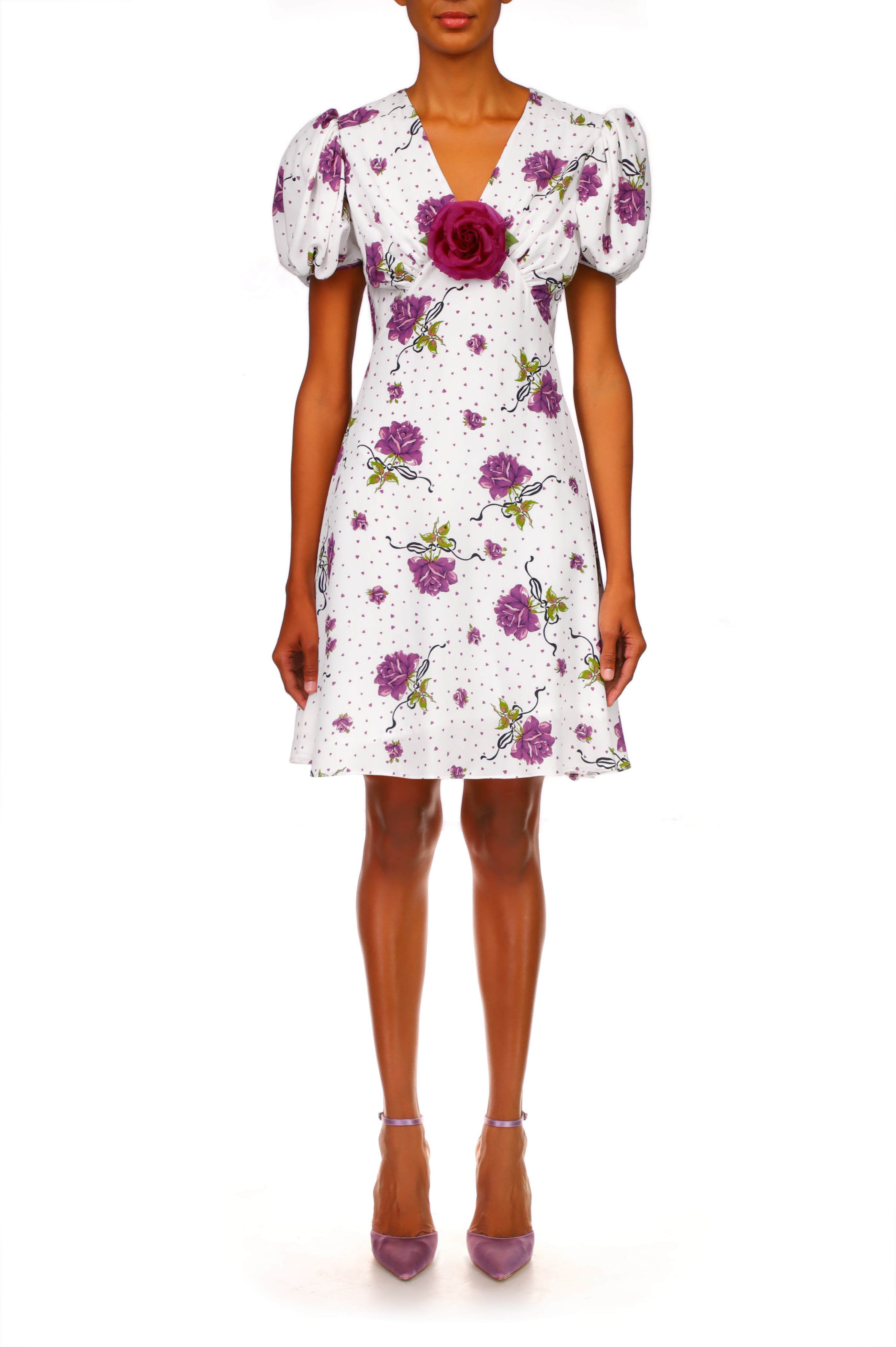 Purple Rose Printed Silk Short Sleeve Mini Dress With Silk Flower