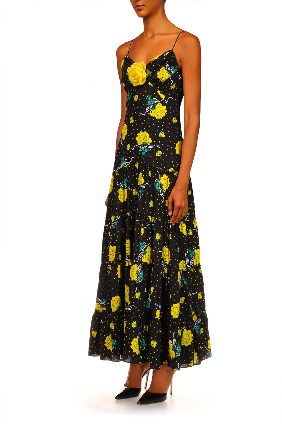 Yellow Rose Printed Silk Tiered Dress With Silk Flower