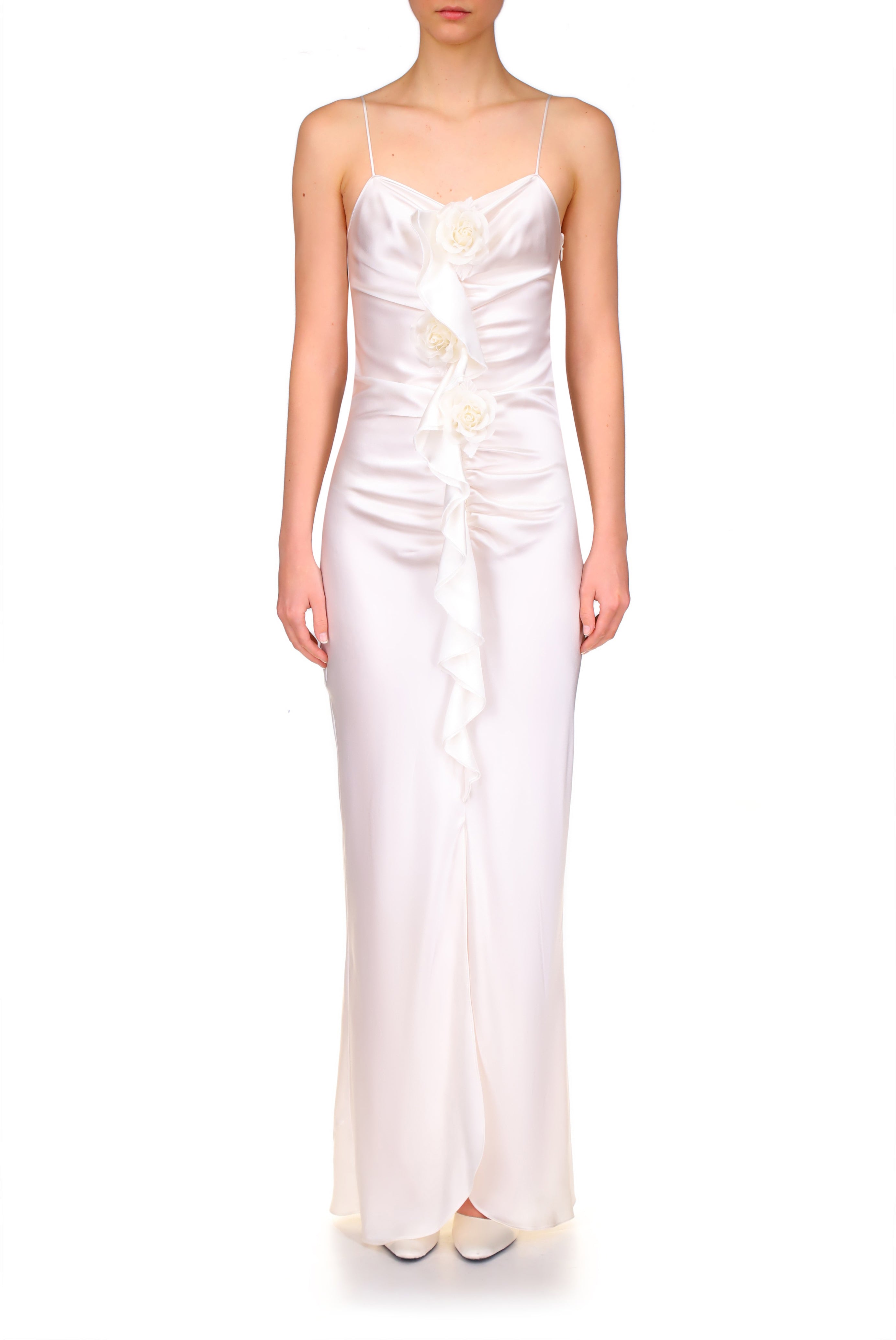 Off White Silk Satin Halter Gown With Silk Flower – Rodarte