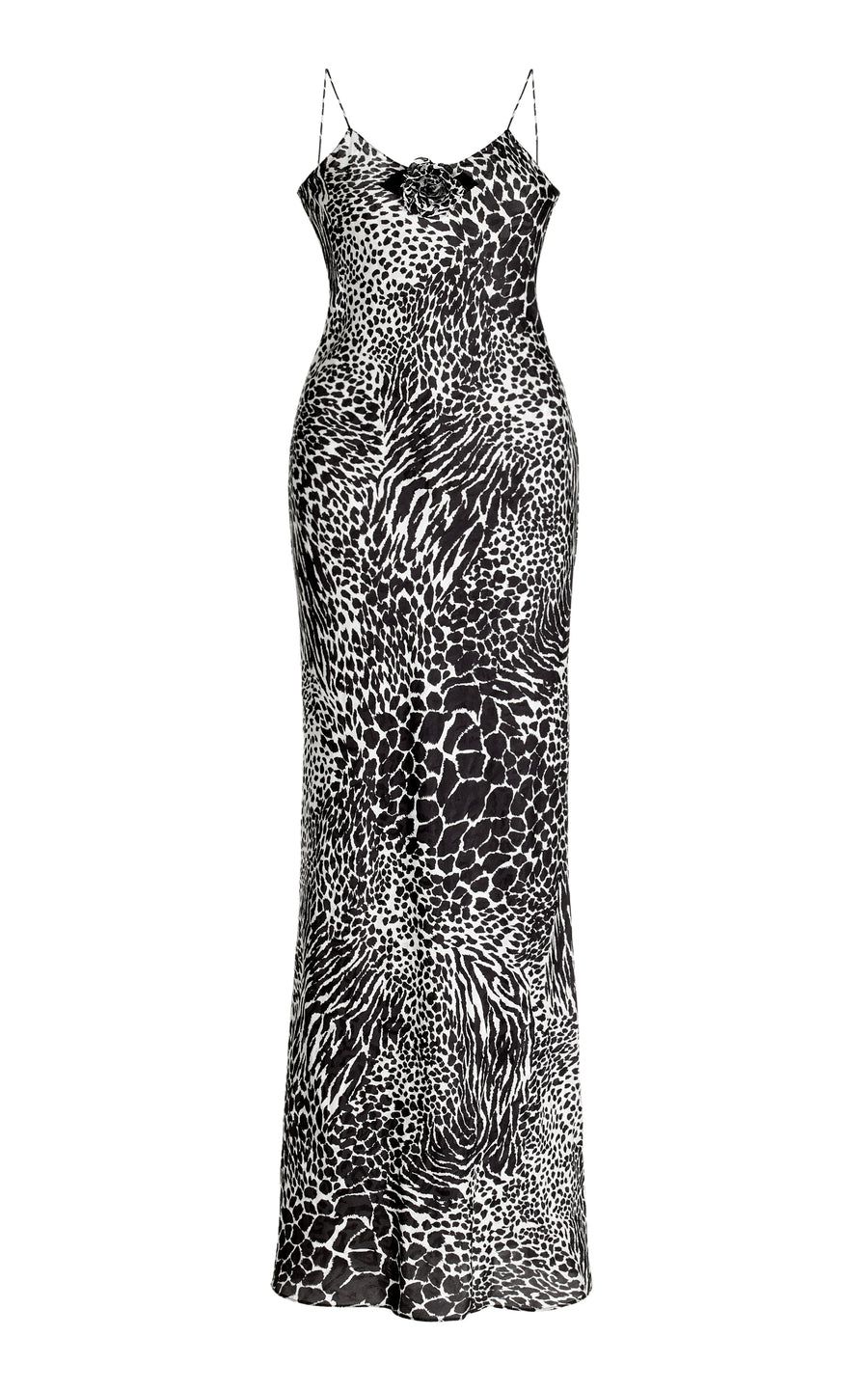 Black And White Zebra Silk Jacquard Gown With Silk Flower