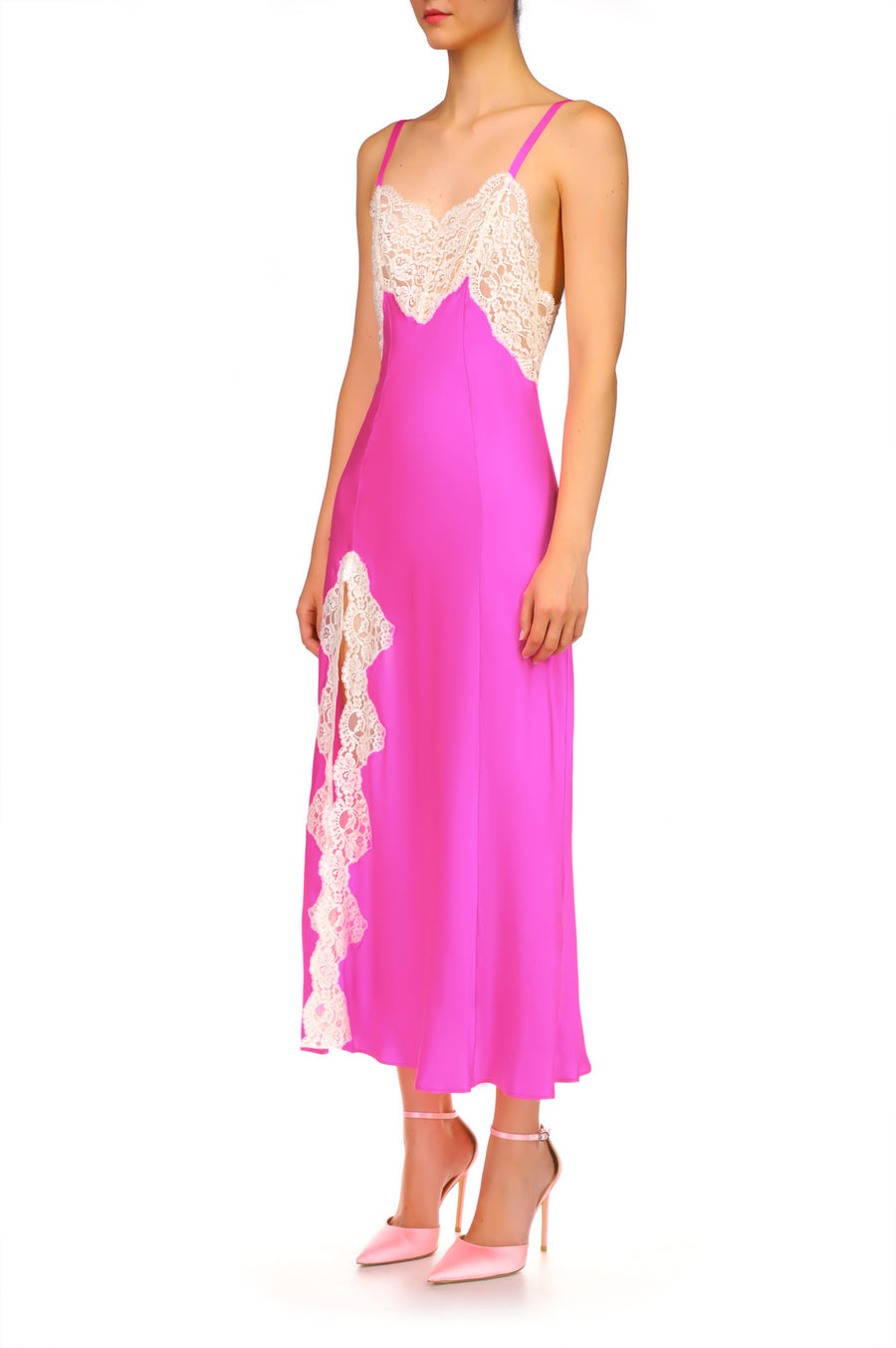 Hot Pink Silk Satin And Lace Bias Slip Dress