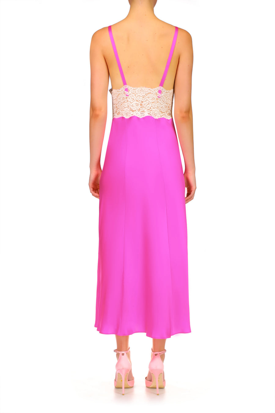 Hot Pink Silk Satin And Lace Bias Slip Dress