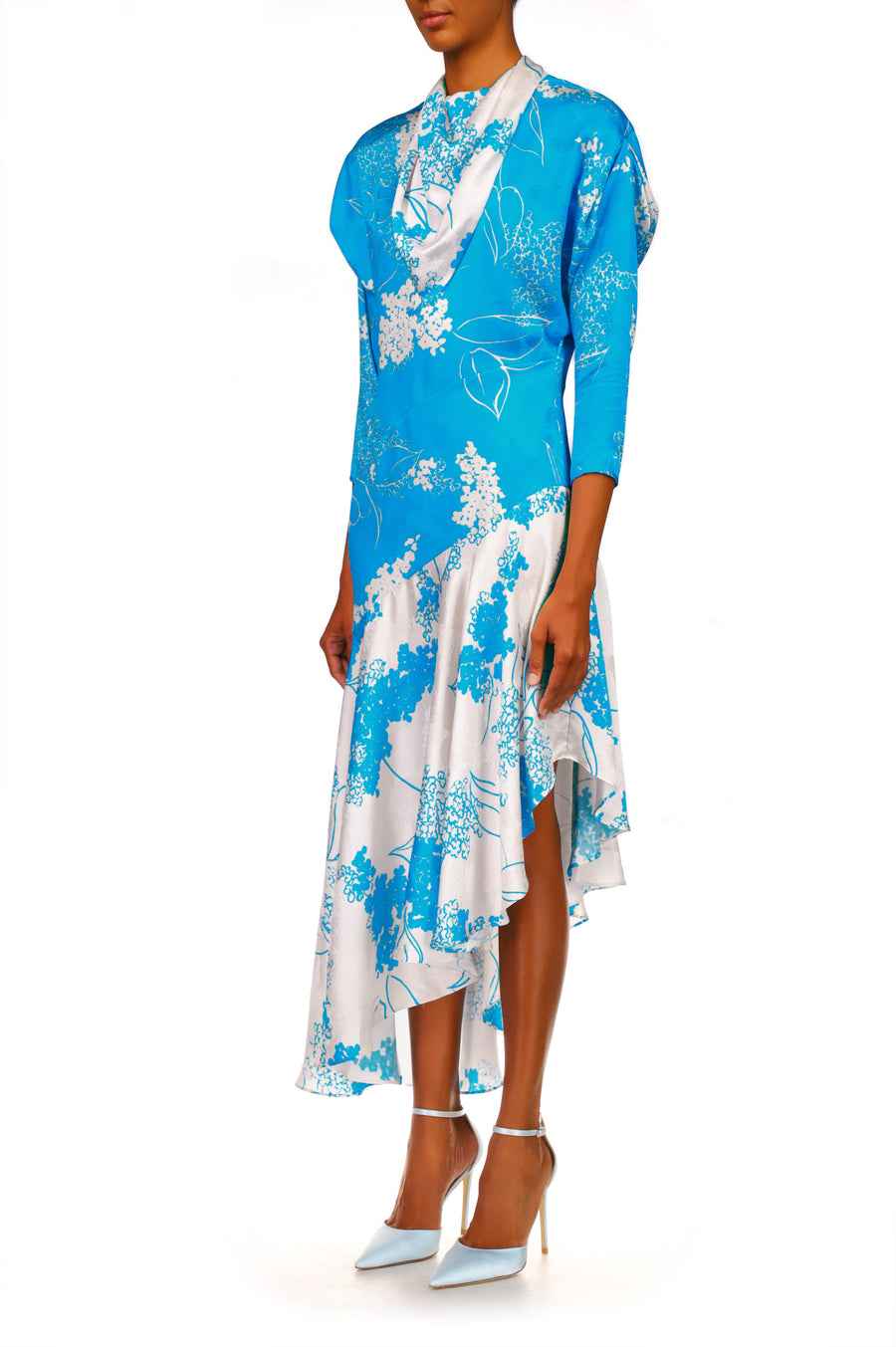 Turquoise Floral Printed Silk Jacquard Long Sleeve Dress With Scarf Detail