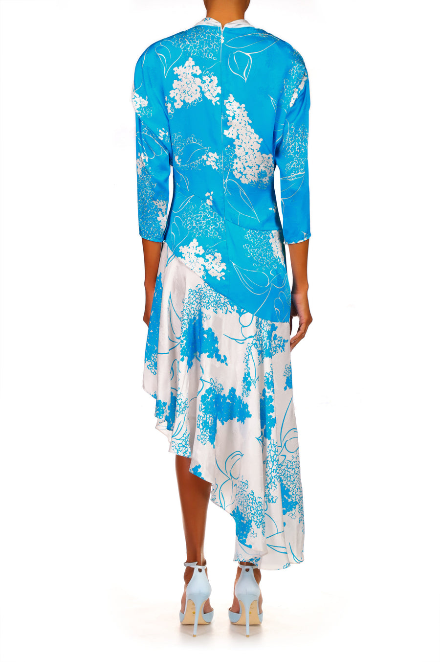 Turquoise Floral Printed Silk Jacquard Long Sleeve Dress With Scarf Detail