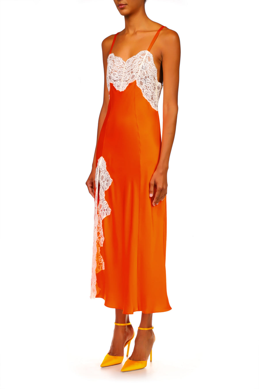 Orange Silk Satin And Lace Bias Slip Dress
