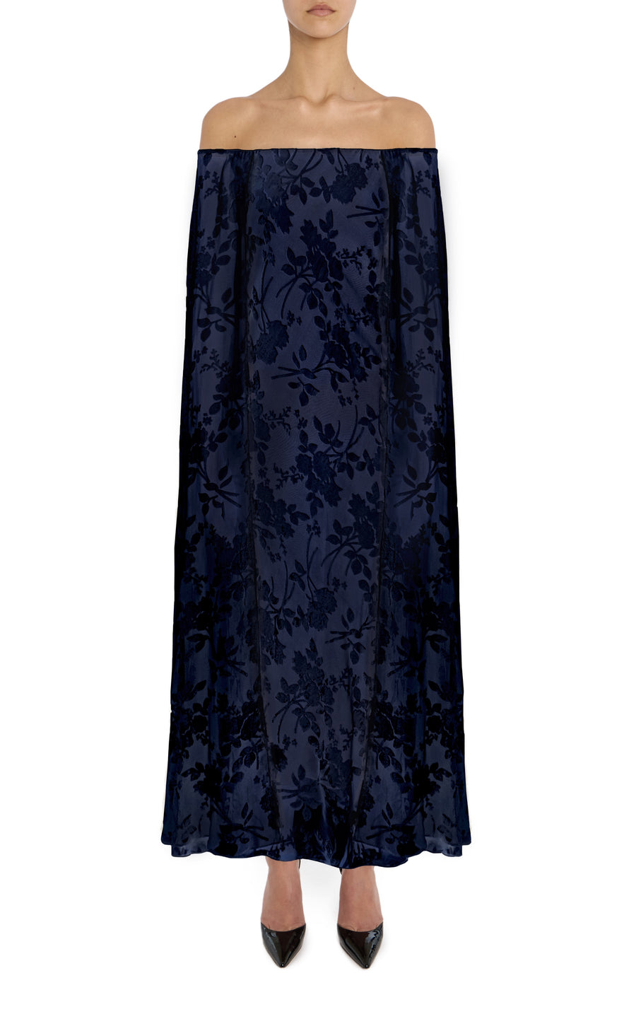 Navy Floral Velvet Devoré Off the Shoulder Cape Dress