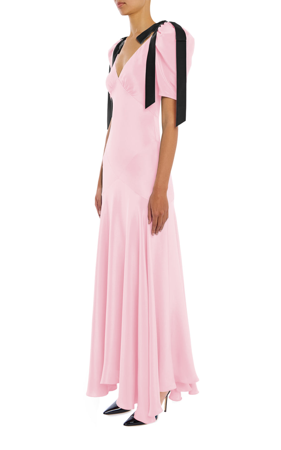 Pink Silk Crepe Bias Dress With Black Velvet Bow Detail Rodarte Pink Silk Crepe Bias Dress With Black Velvet Bow Detail Rodarte