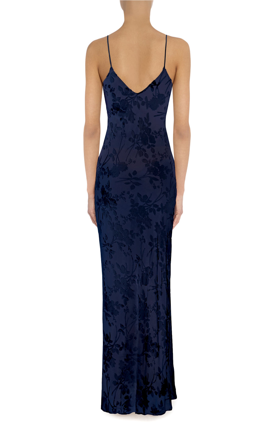Navy Velvet Devoré Slip Gown With Silk Flower Pin