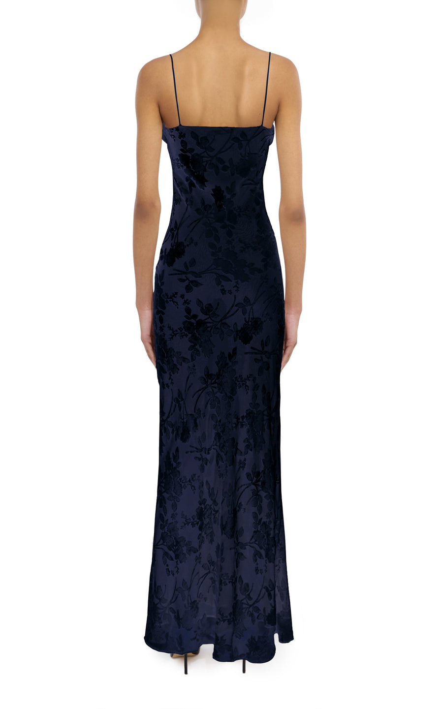 Navy Velvet Devoré and Lace Slip Gown With Silk Charmeuse Detail