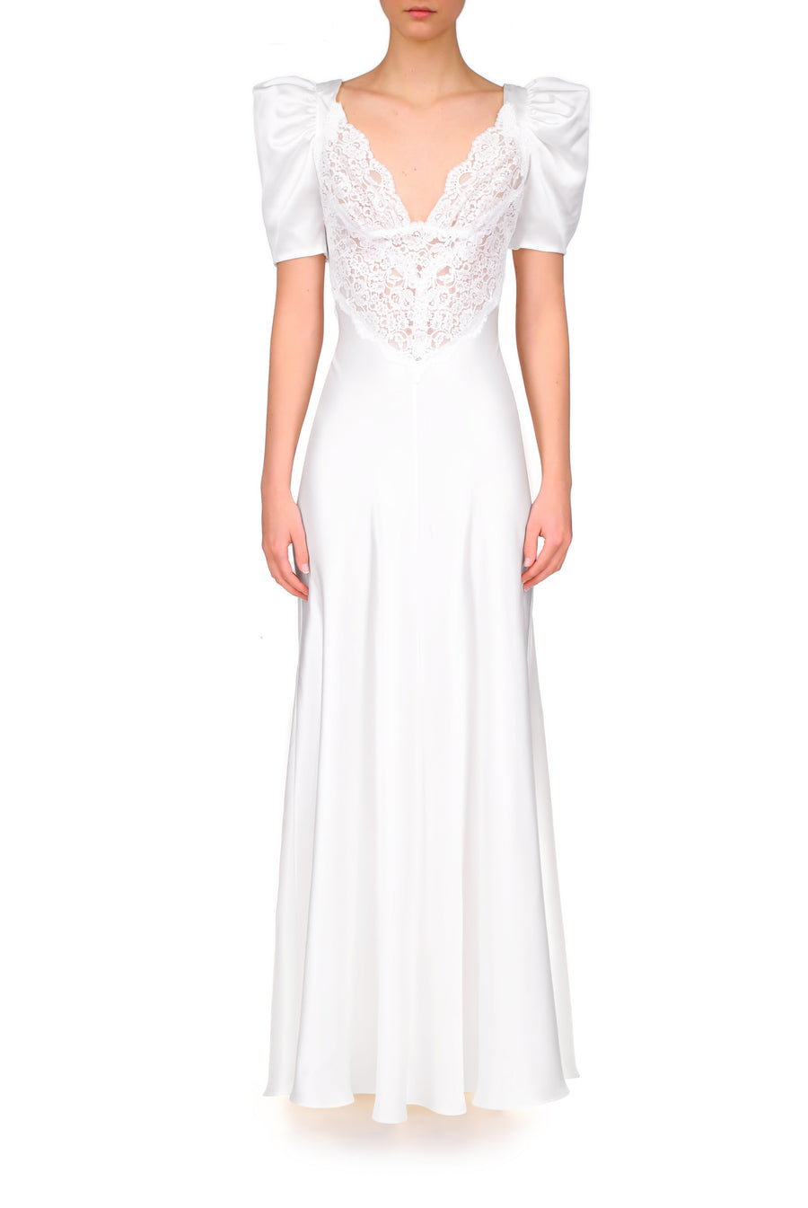 Off White Silk Satin Short Sleeve Gown With Lace Details