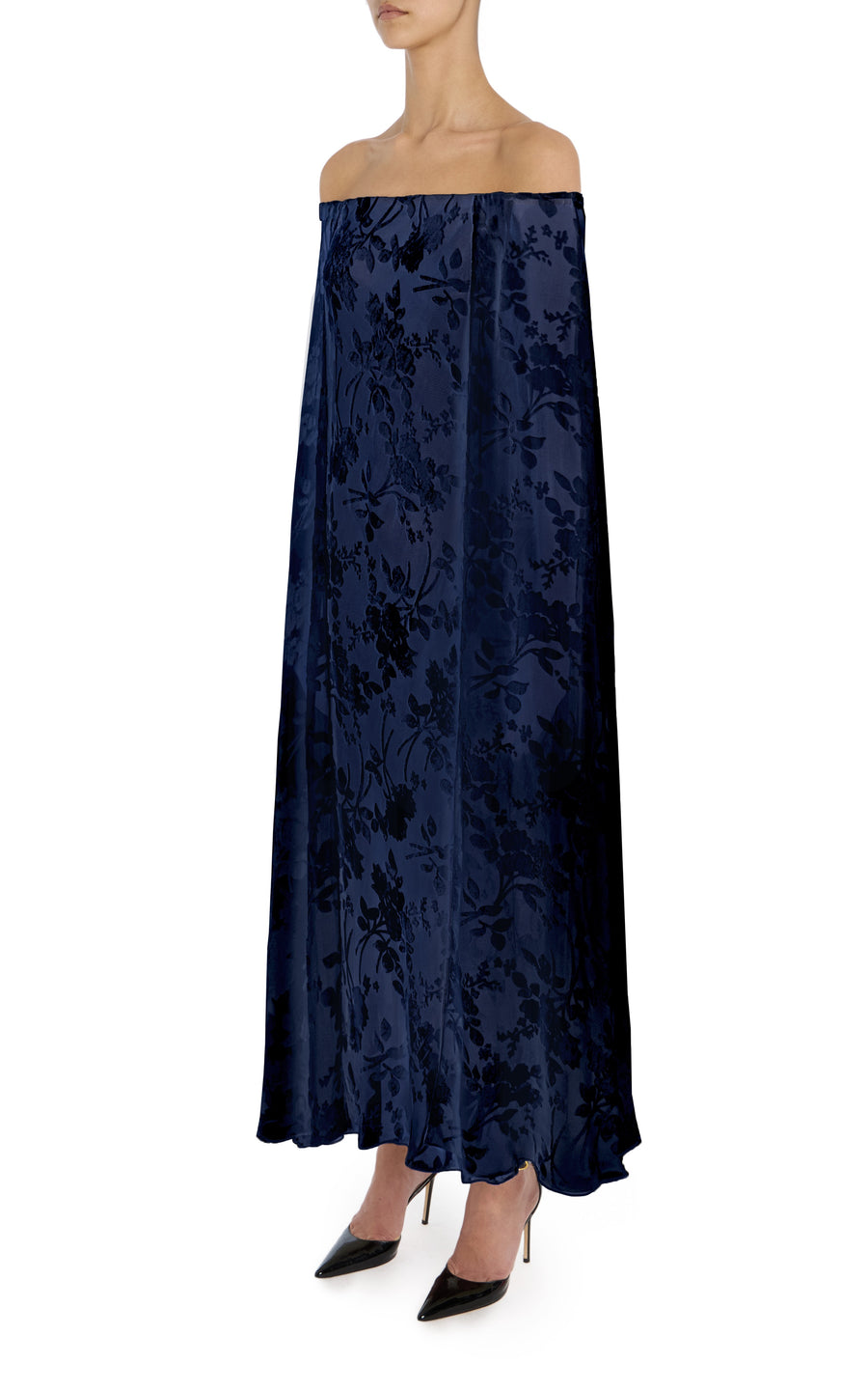Navy Floral Velvet Devoré Off the Shoulder Cape Dress