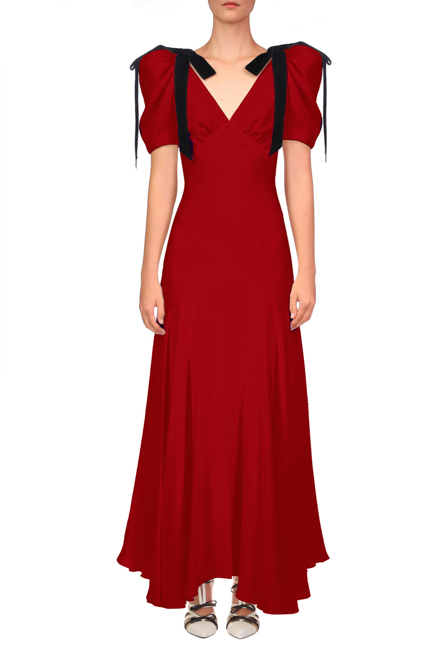 Crimson Silk Crepe Bias Dress With Velvet Ribbon Bow Details