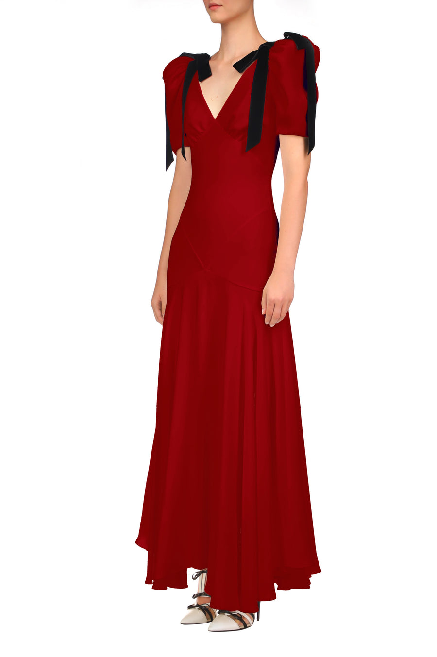 Crimson Silk Crepe Bias Dress With Velvet Ribbon Bow Details