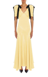 Yellow Silk Crepe Bias Dress With Black Velvet Bow Detail – Rodarte